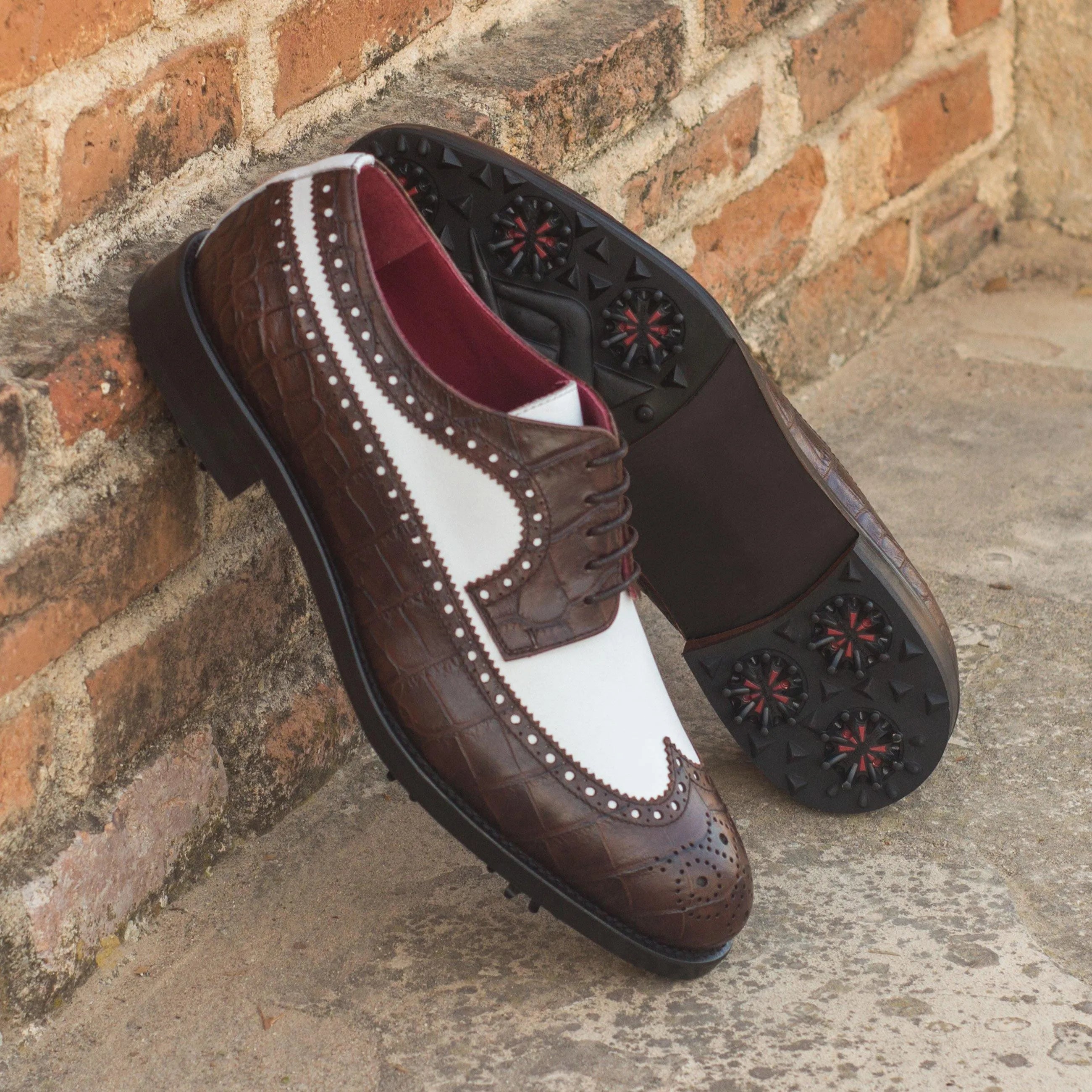 Brown and white Saint Longwing Blucher Golf Shoes II featuring a classic long wingtip design