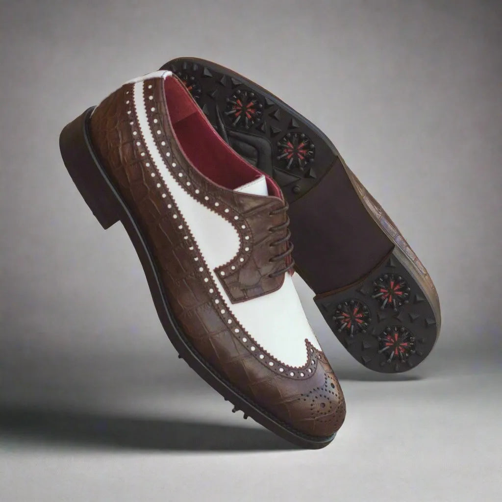 Brown and white Saint Longwing Blucher Golf Shoes showcasing classic long wingtip style