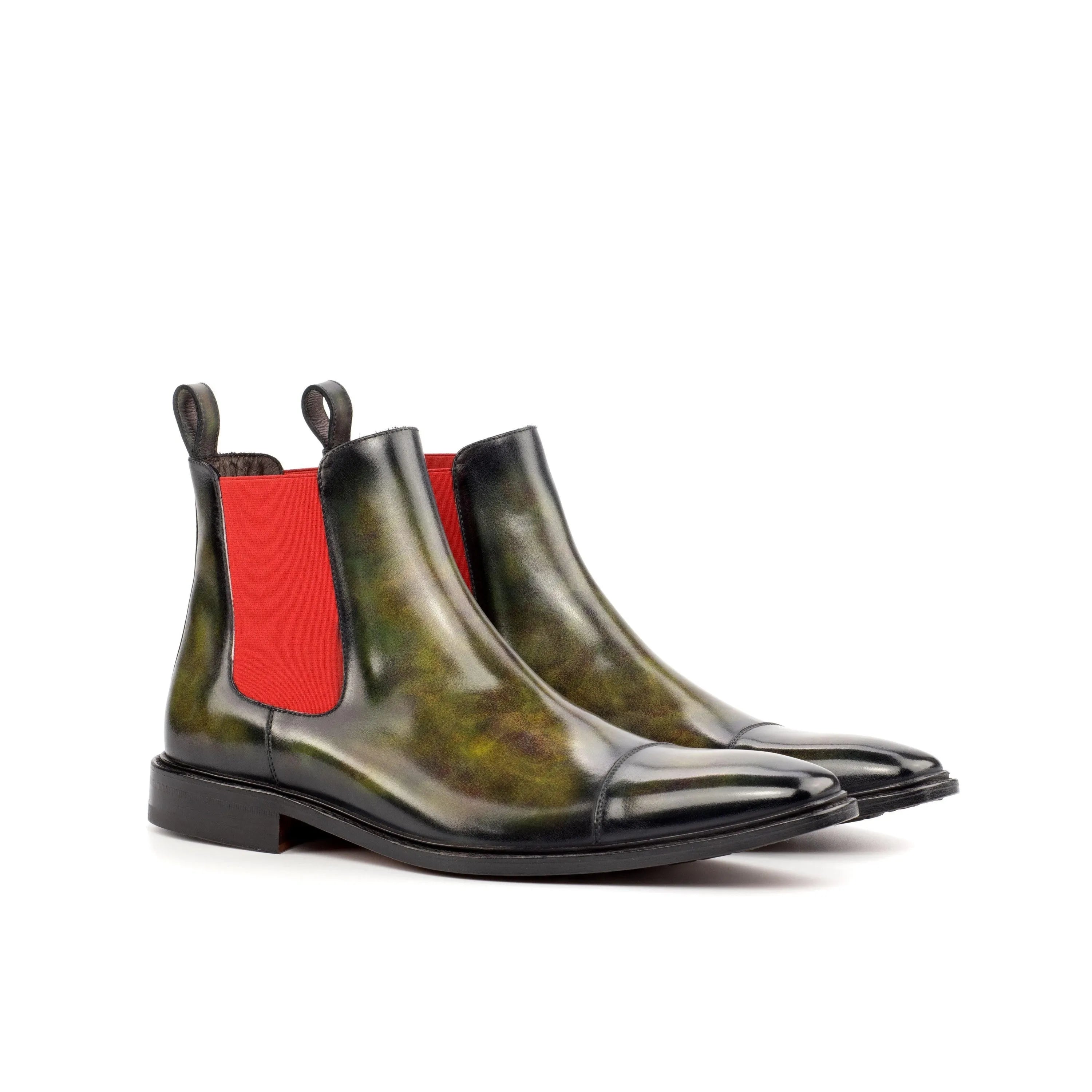Olive green leather Salvatore Patina Chelsea boots, stylish and versatile footwear