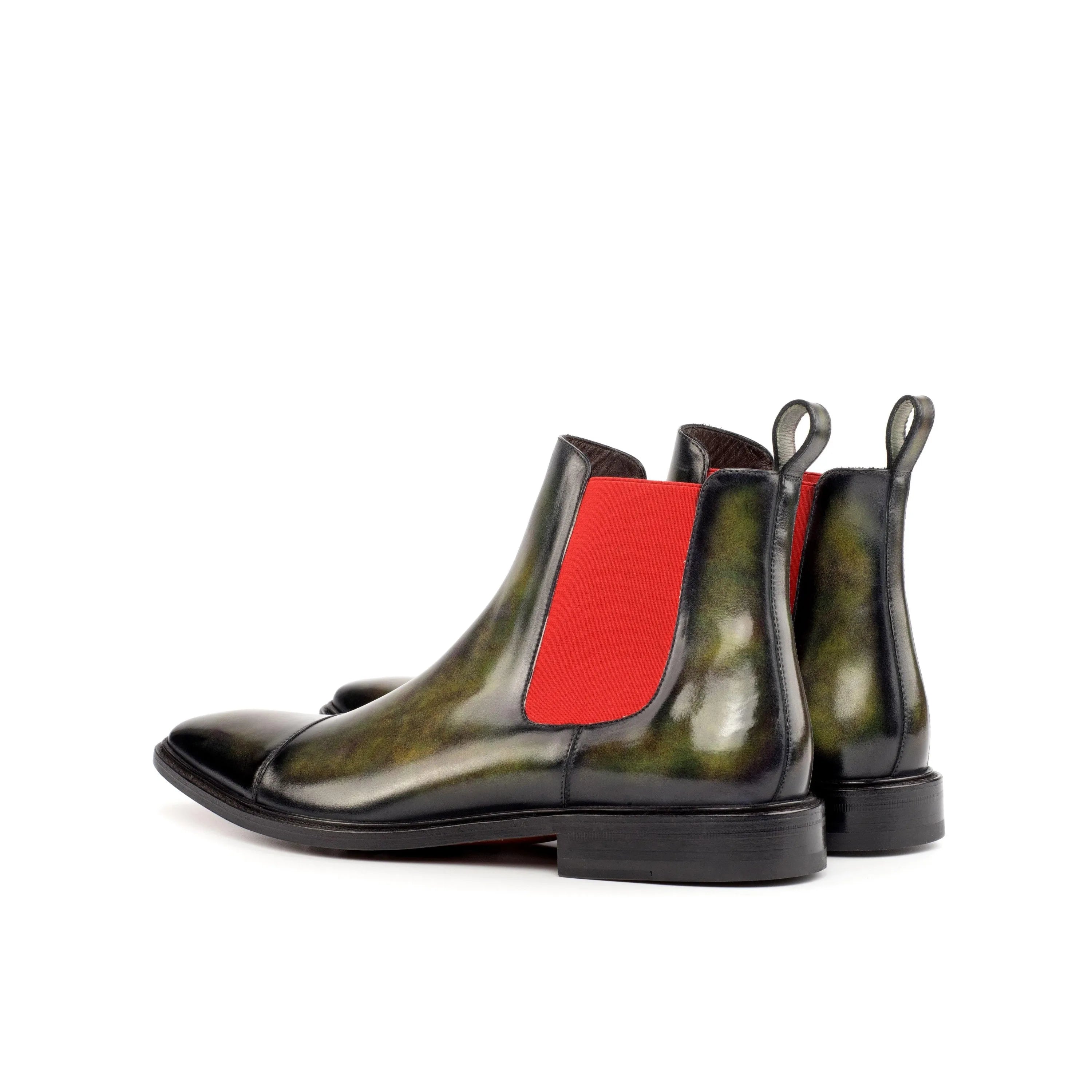 Green leather Salvatore Patina Chelsea Boots showcasing stylish footwear elegance