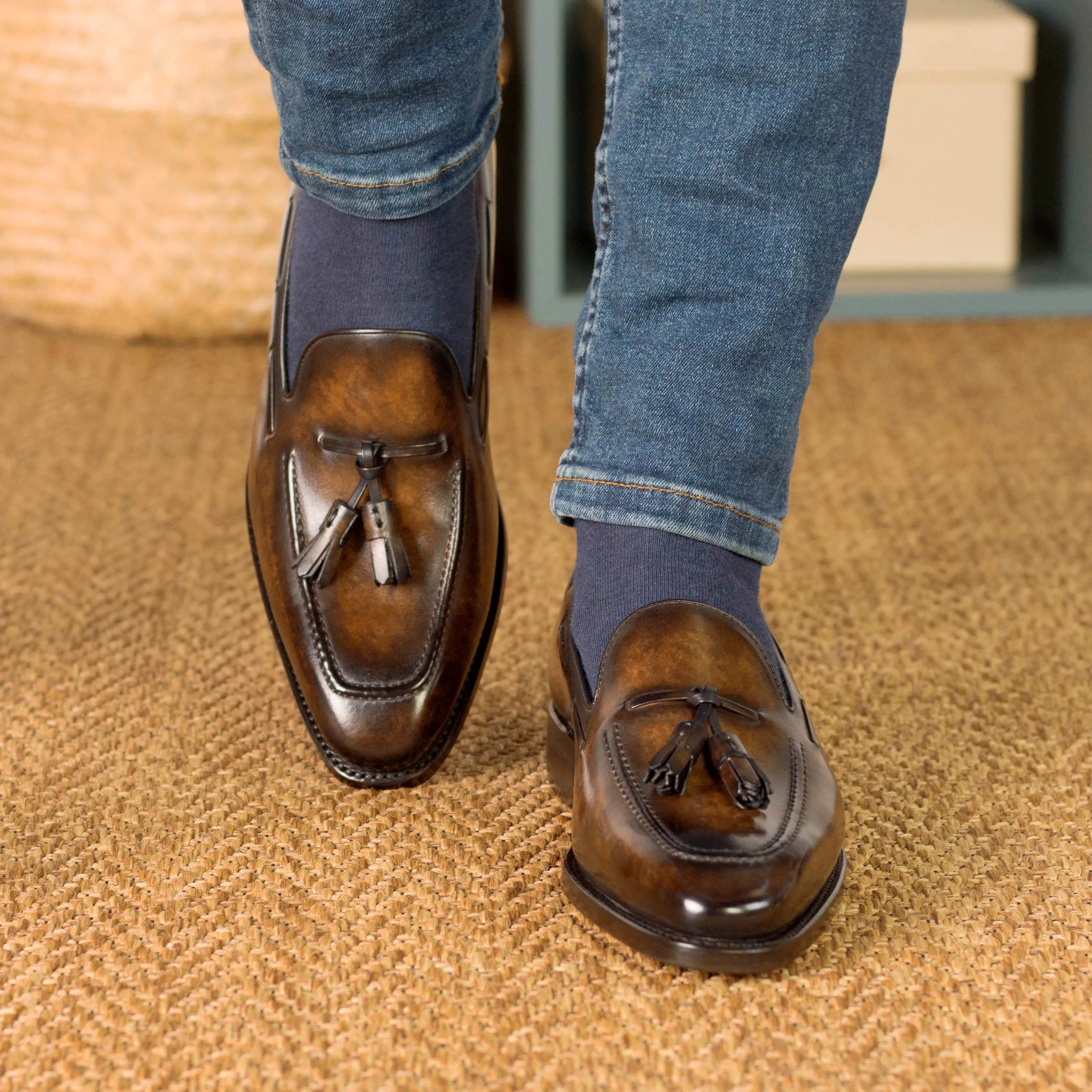 Brown leather tassel loafers, showcasing the elegance of Sam Patina Loafers collection