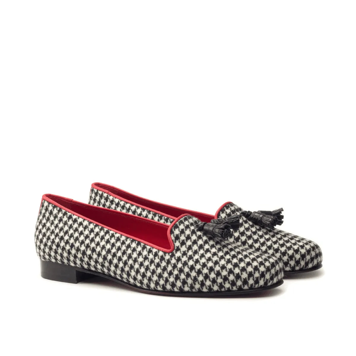 Houndstooth tassel loafers with red trim from Sappho Rose Ladies Slipon II collection