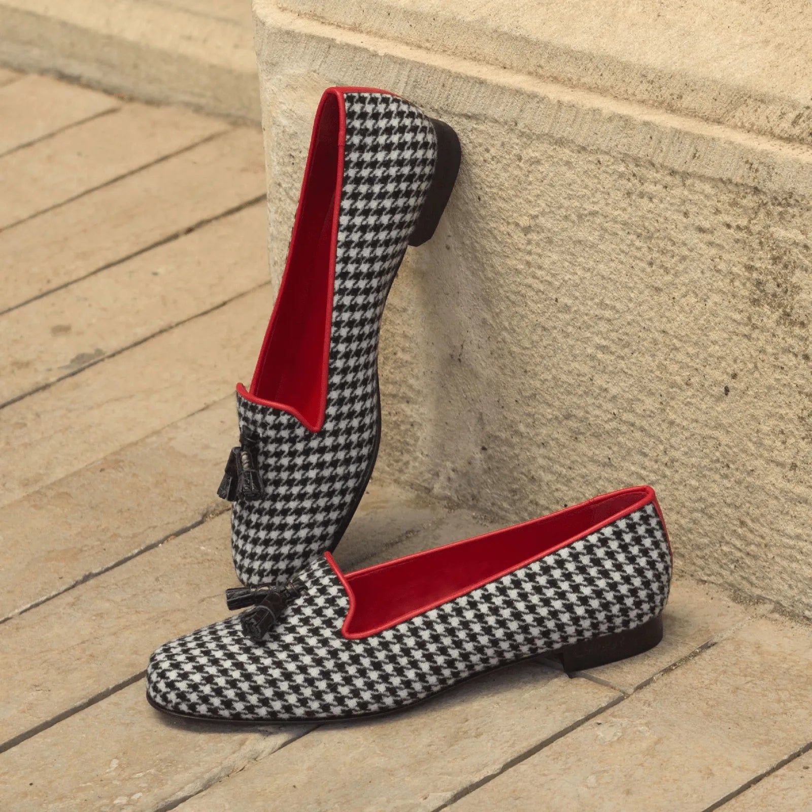 Houndstooth-patterned loafers with red lining from Sappho Rose Ladies slipon collection