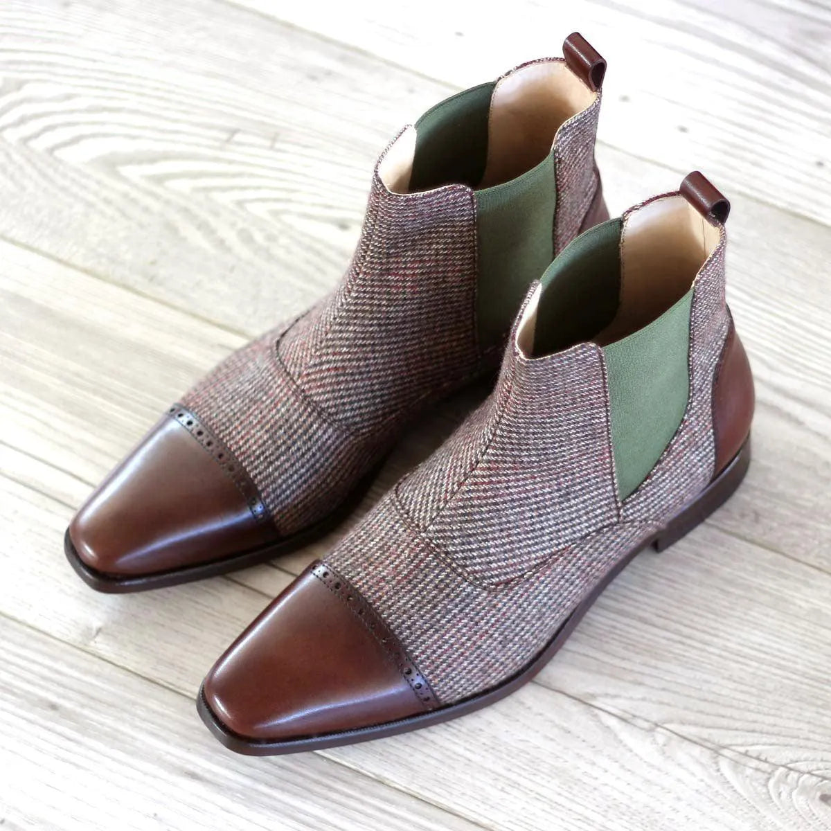 Pair of brown tweed and leather Saturday Chelsea Boots for stylish footwear