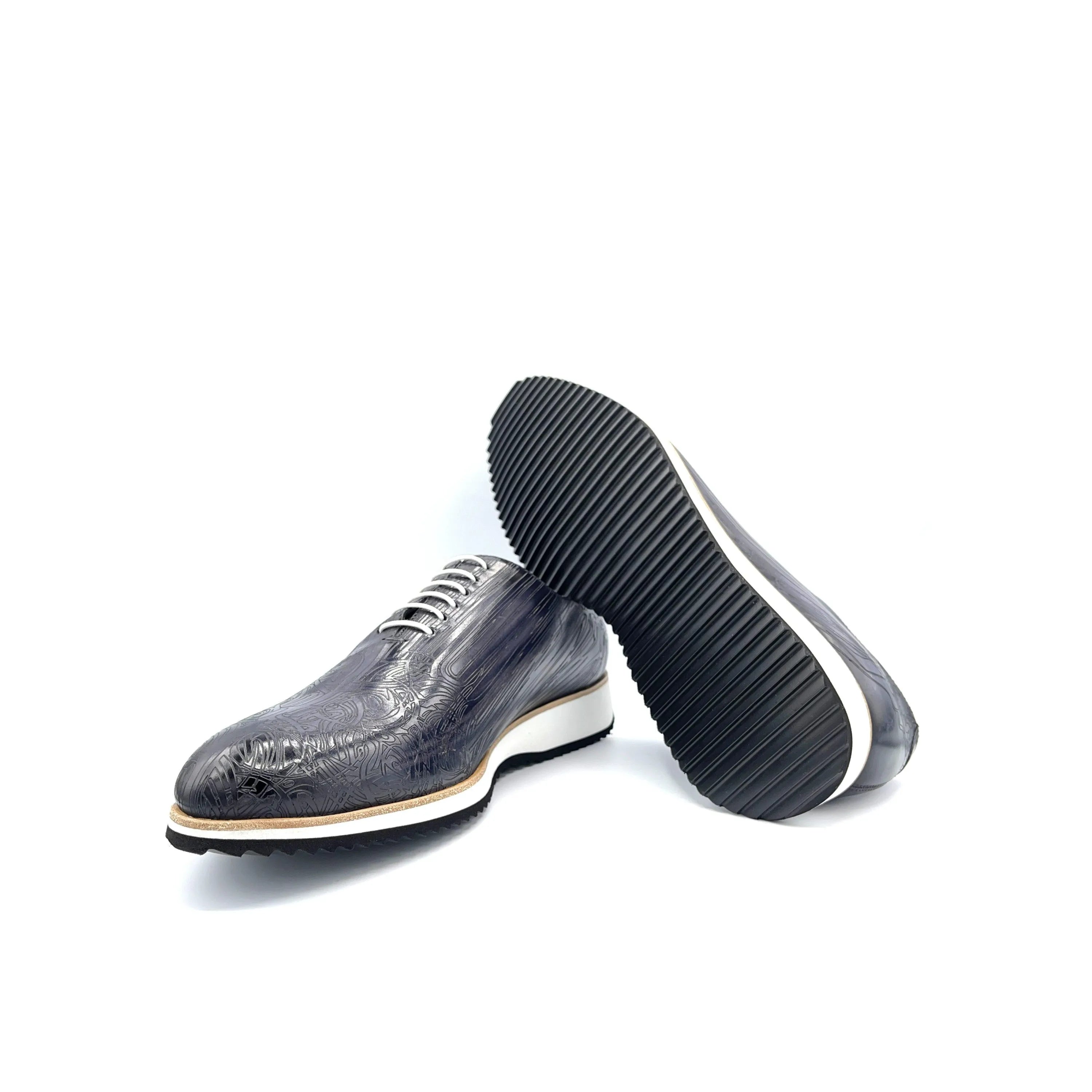 Gray leather dress shoes with thick black soles in Italian crust leather patina wholecut design