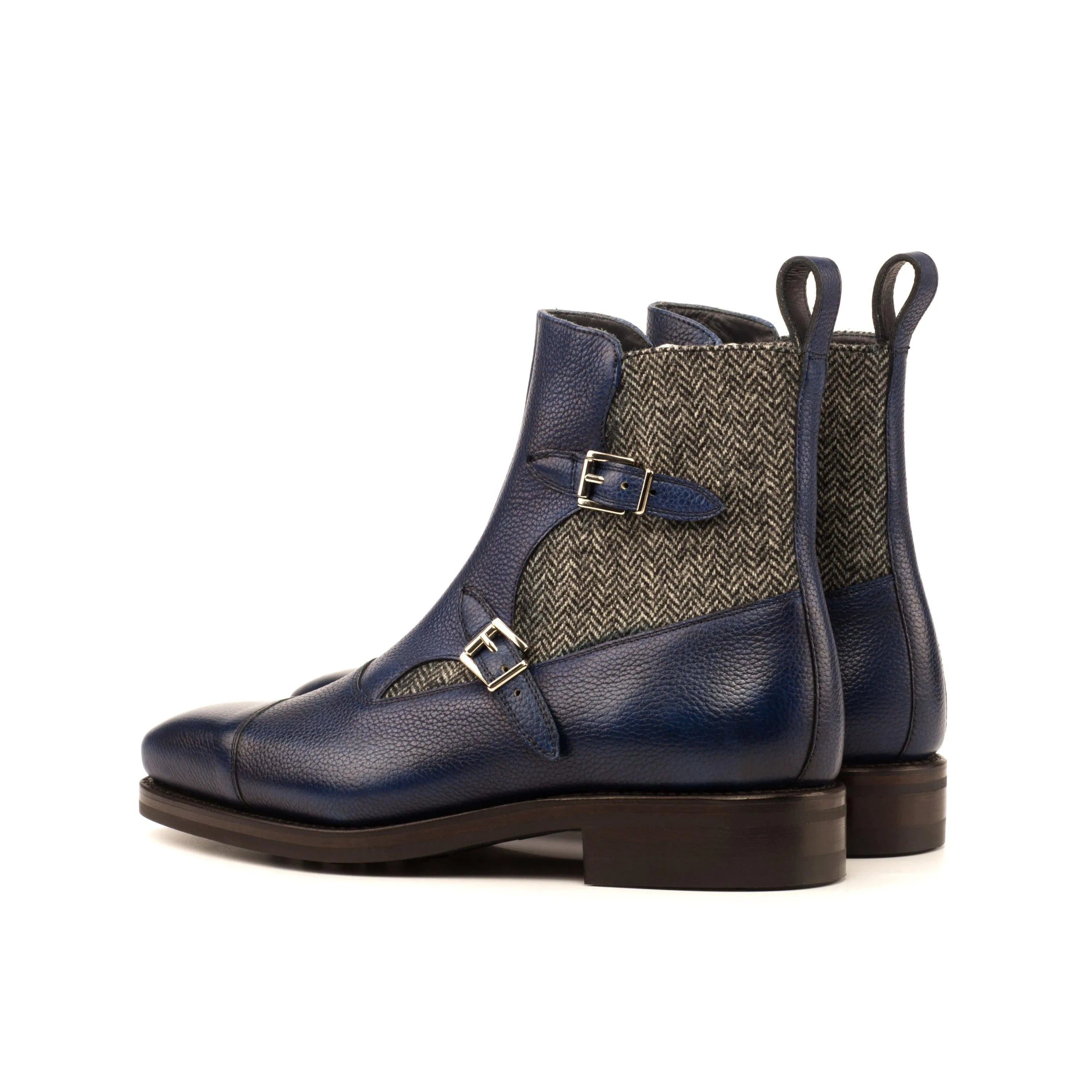 Blue leather and tweed monk strap Sean Octavian Boots II featuring elegant design