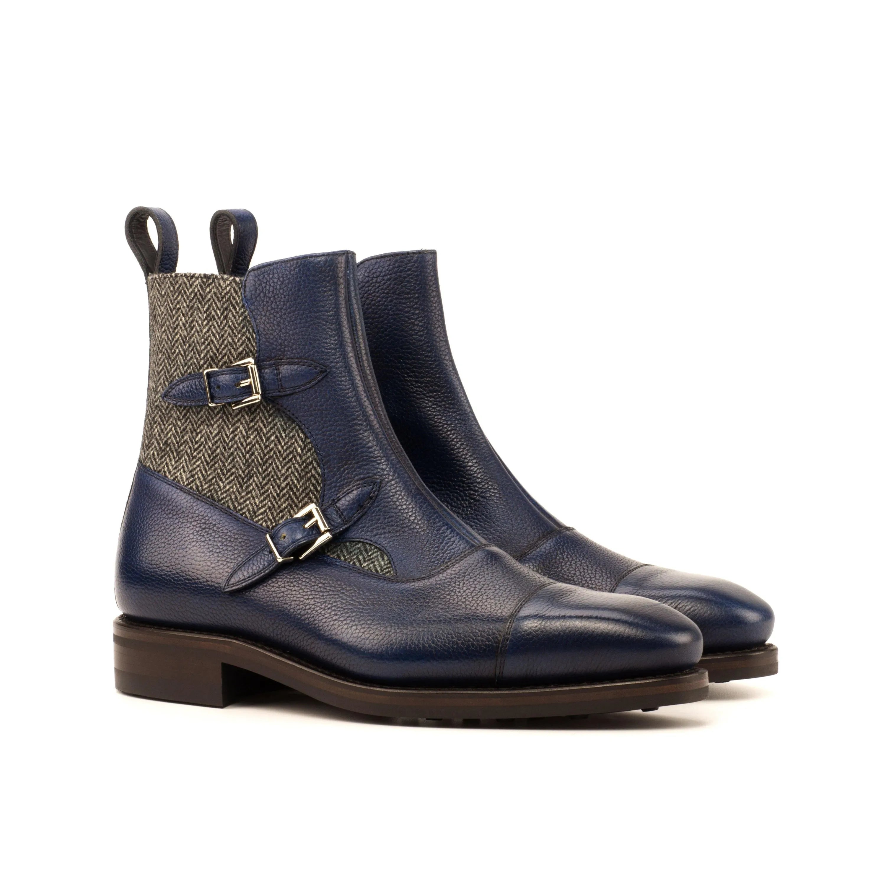 Blue leather and tweed monk strap Sean Octavian Boots showcasing elegant craftsmanship