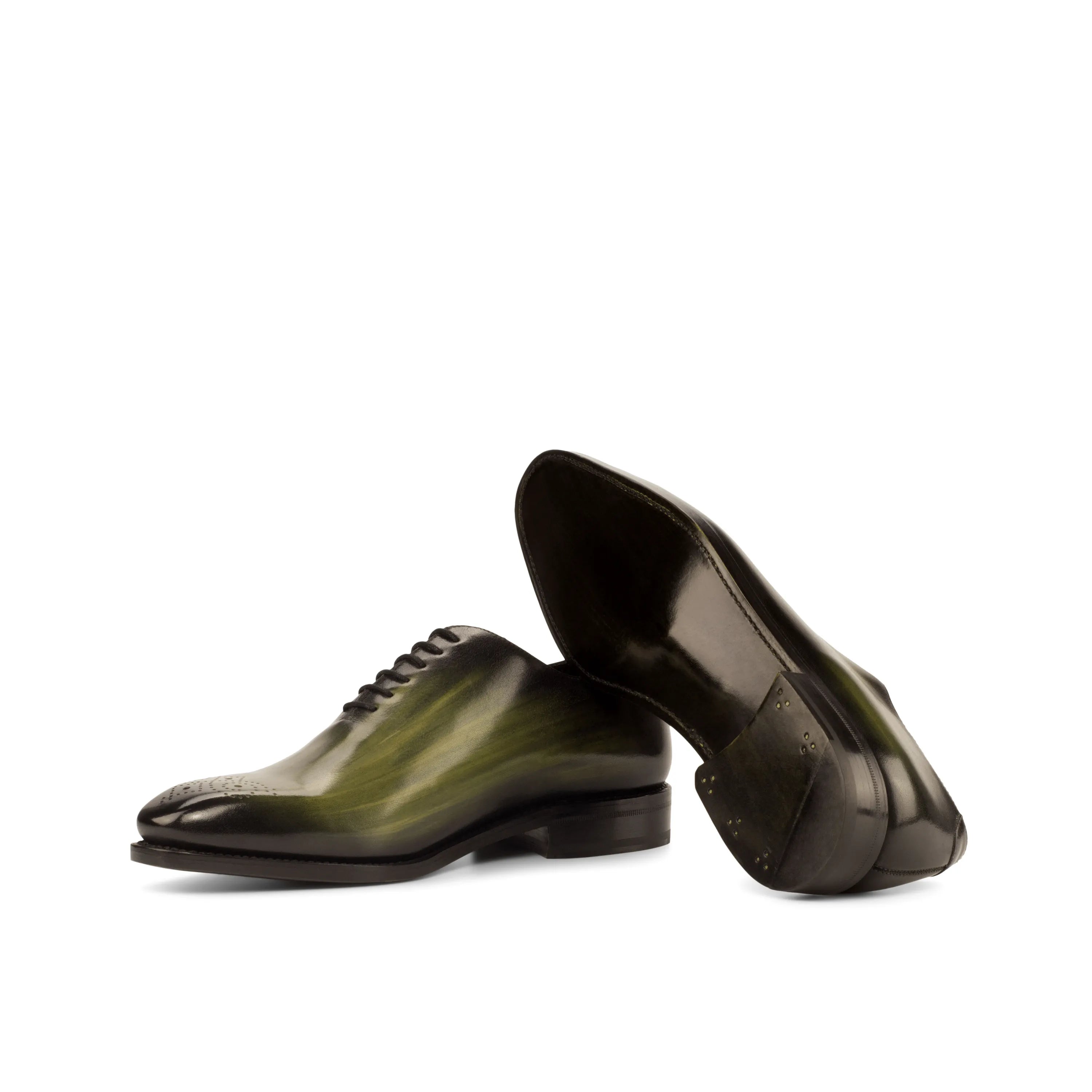 Pair of green leather dress shoes from Seke Whole Cut Patina, luxury bespoke shoes for men