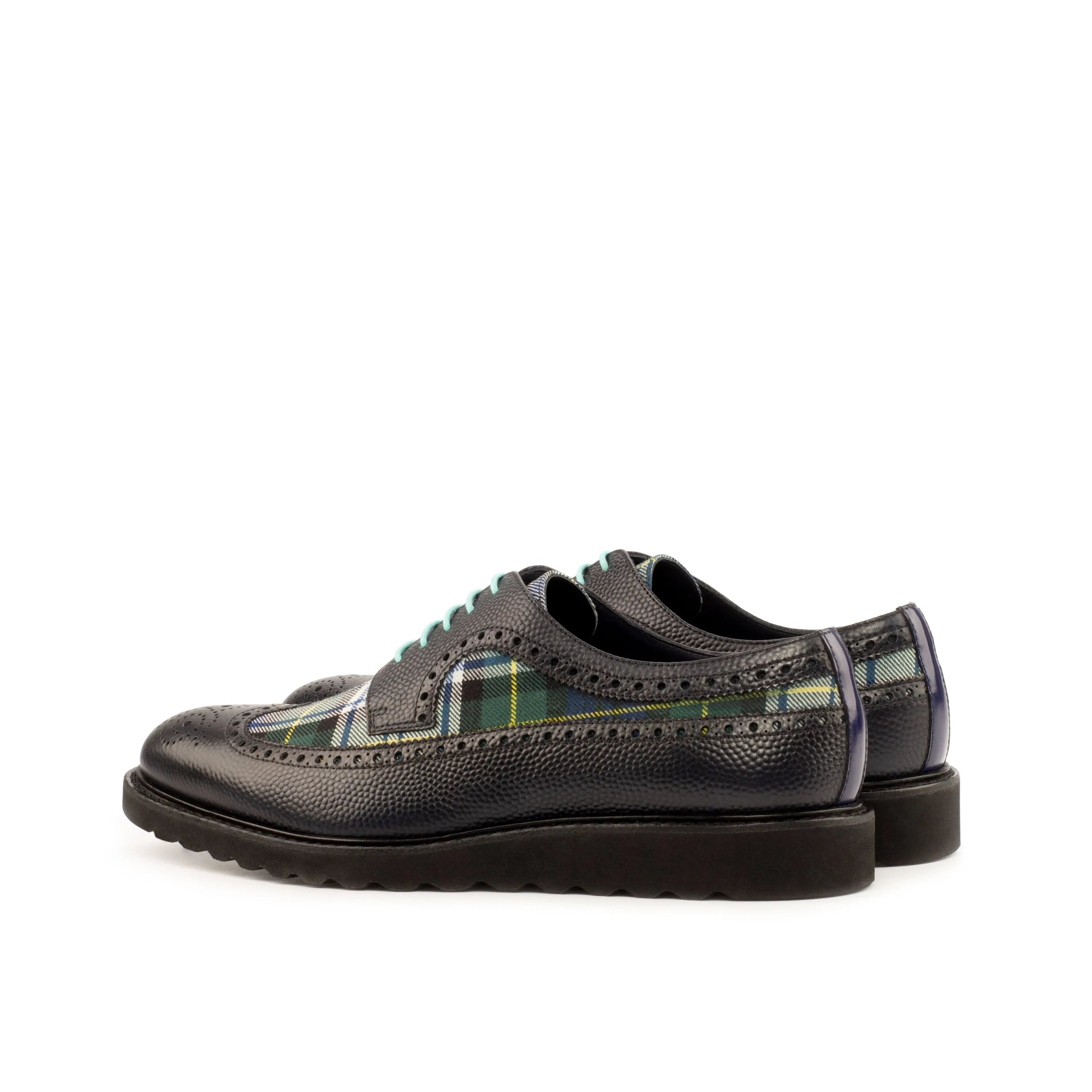 Black leather and plaid long wingtip blucher shoes, Seleucid Longwing Blucher II, rounded toe
