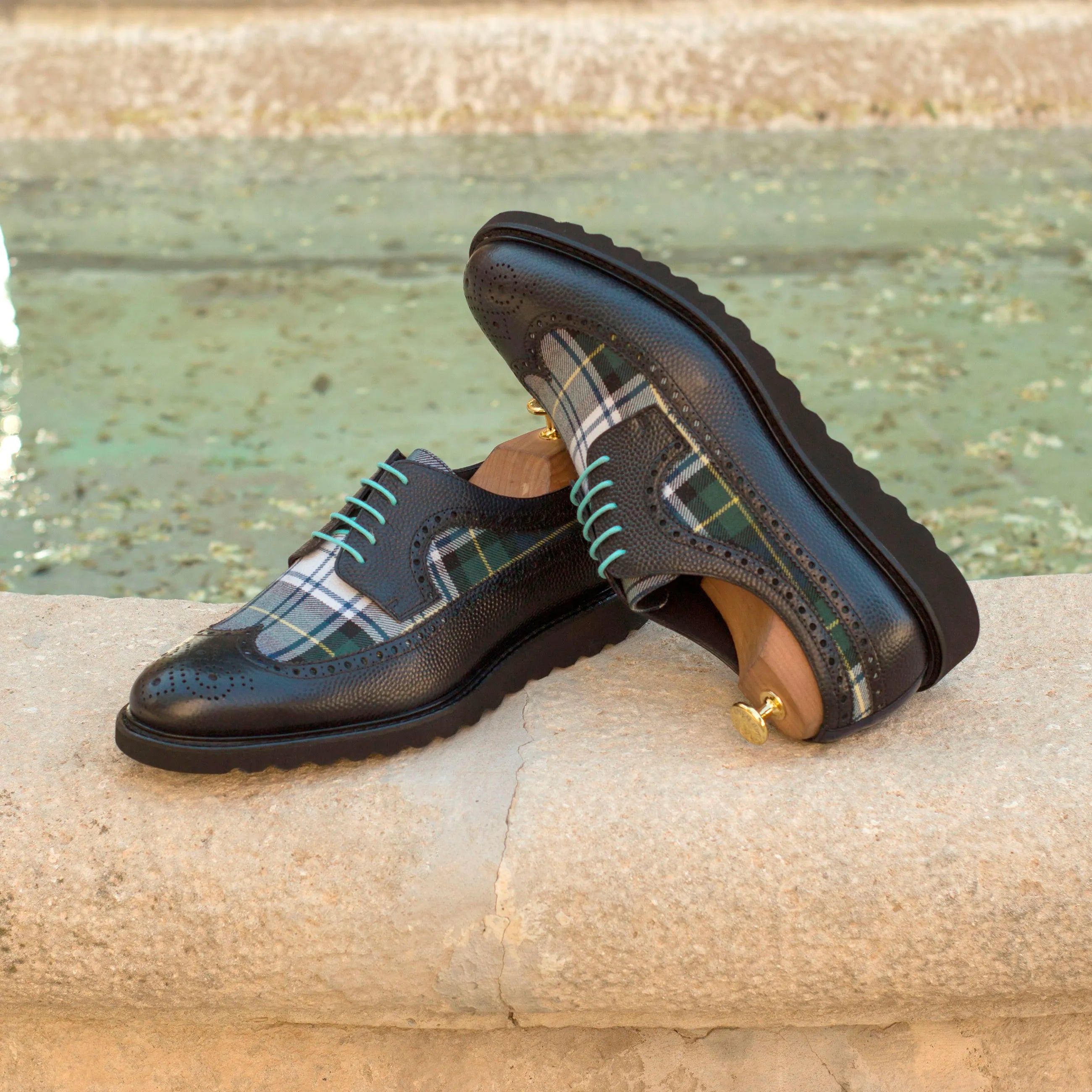 Black leather and plaid dress shoes, Seleucid Longwing Blucher, stylish long wingtip design