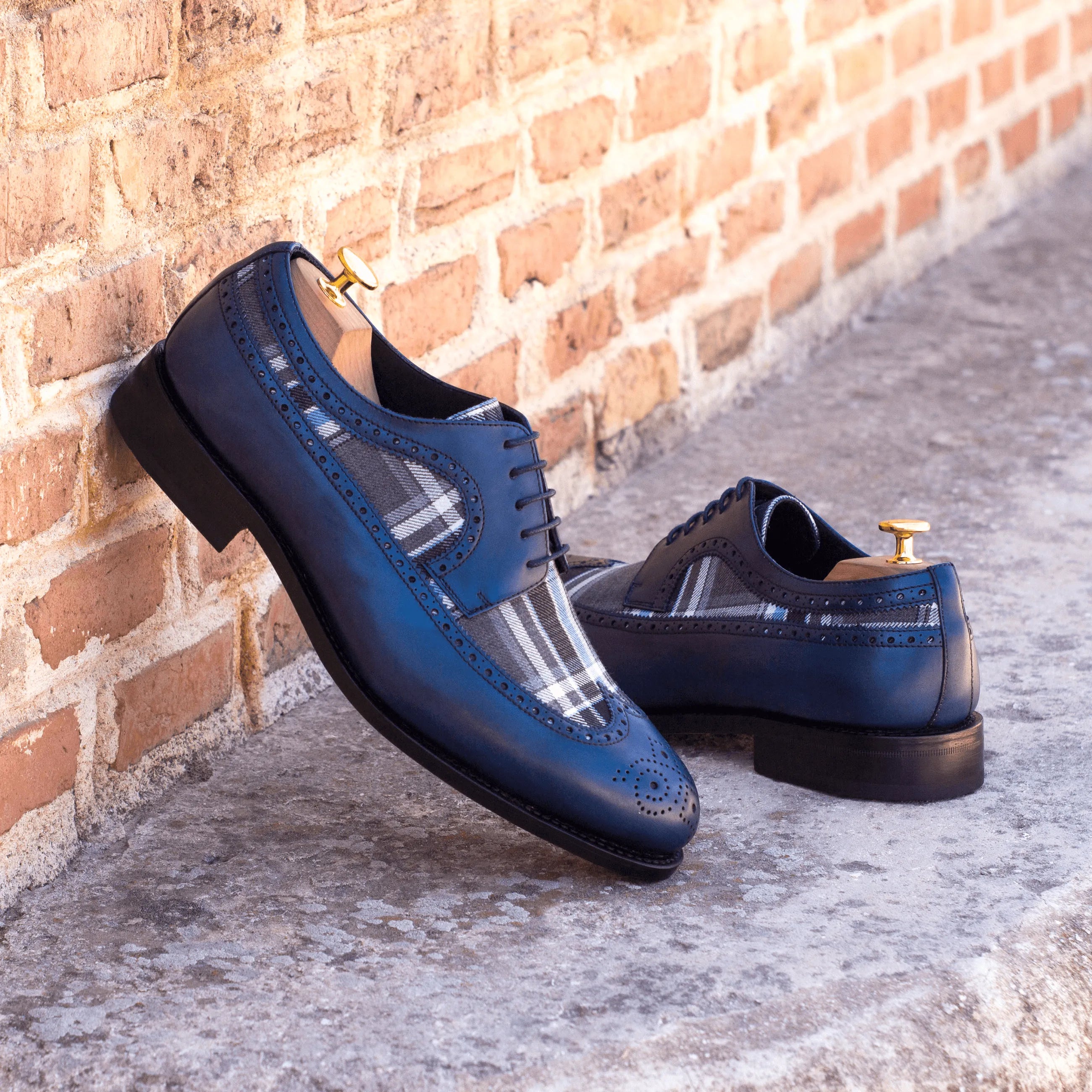 Blue leather and plaid Longwing Blucher shoes, Seneca Longwing Blucher II model