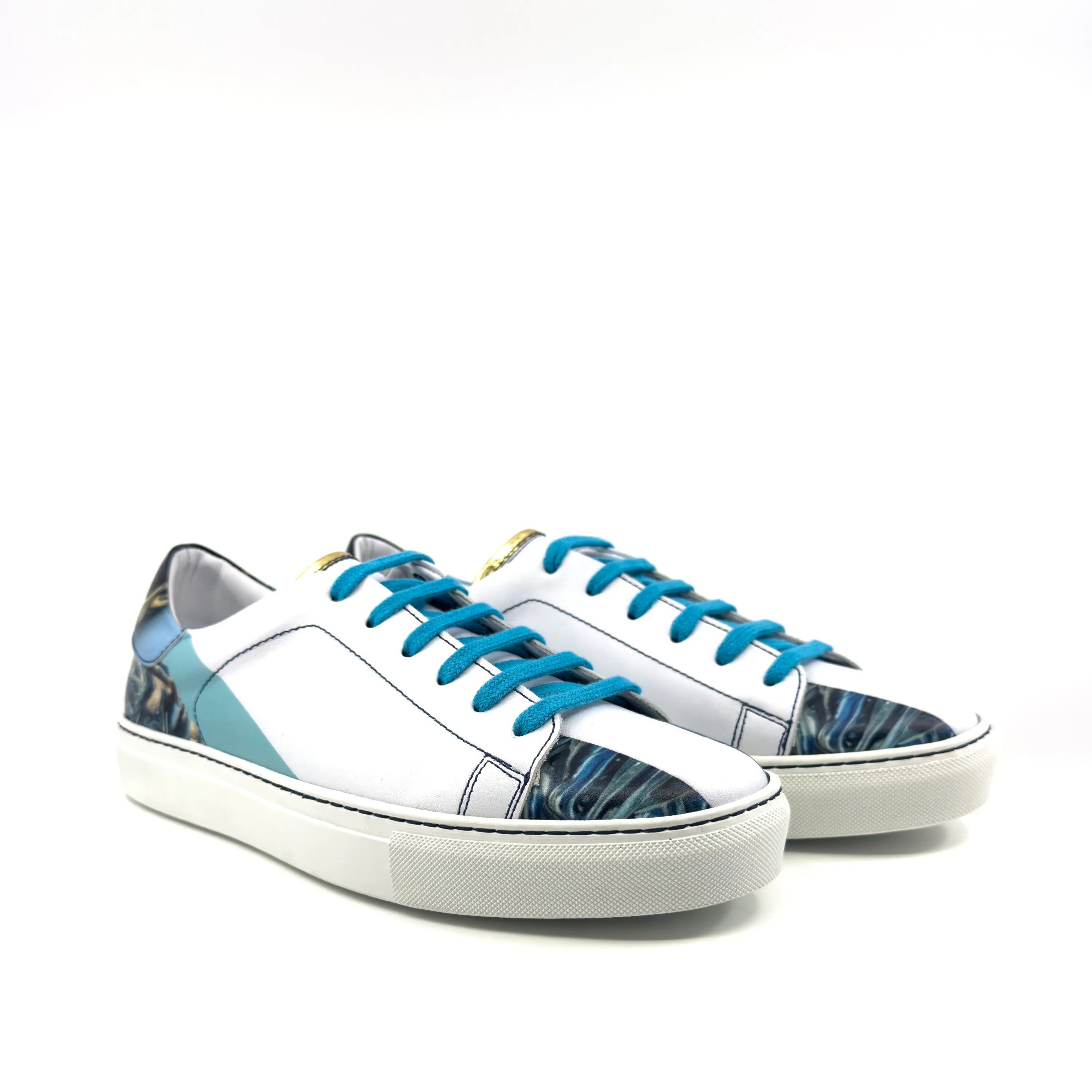 White leather Sentinal Trainer Sneaker II with blue accents for stylish comfort