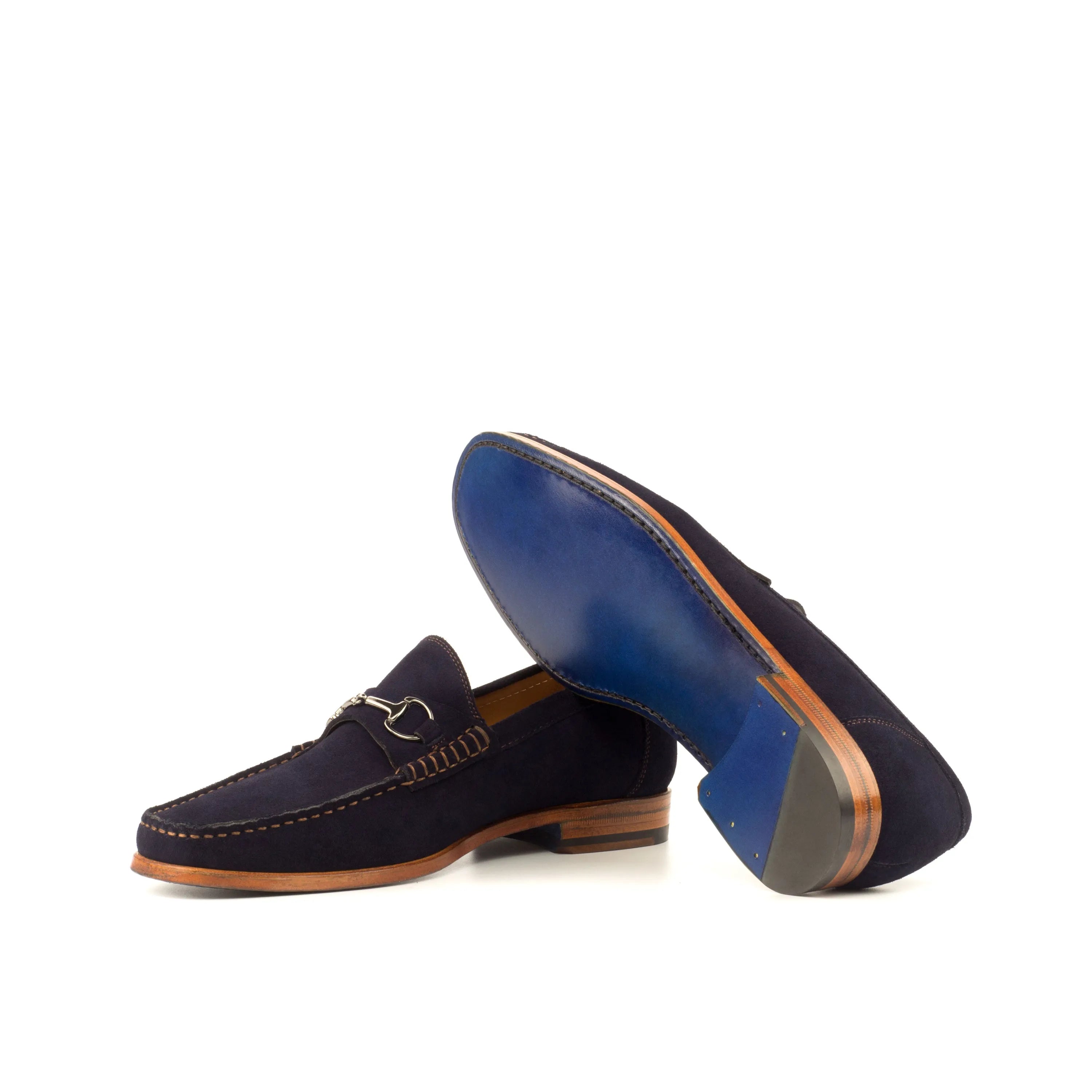 Pair of navy suede loafers from Serenity Moccasin, luxury bespoke shoes for men