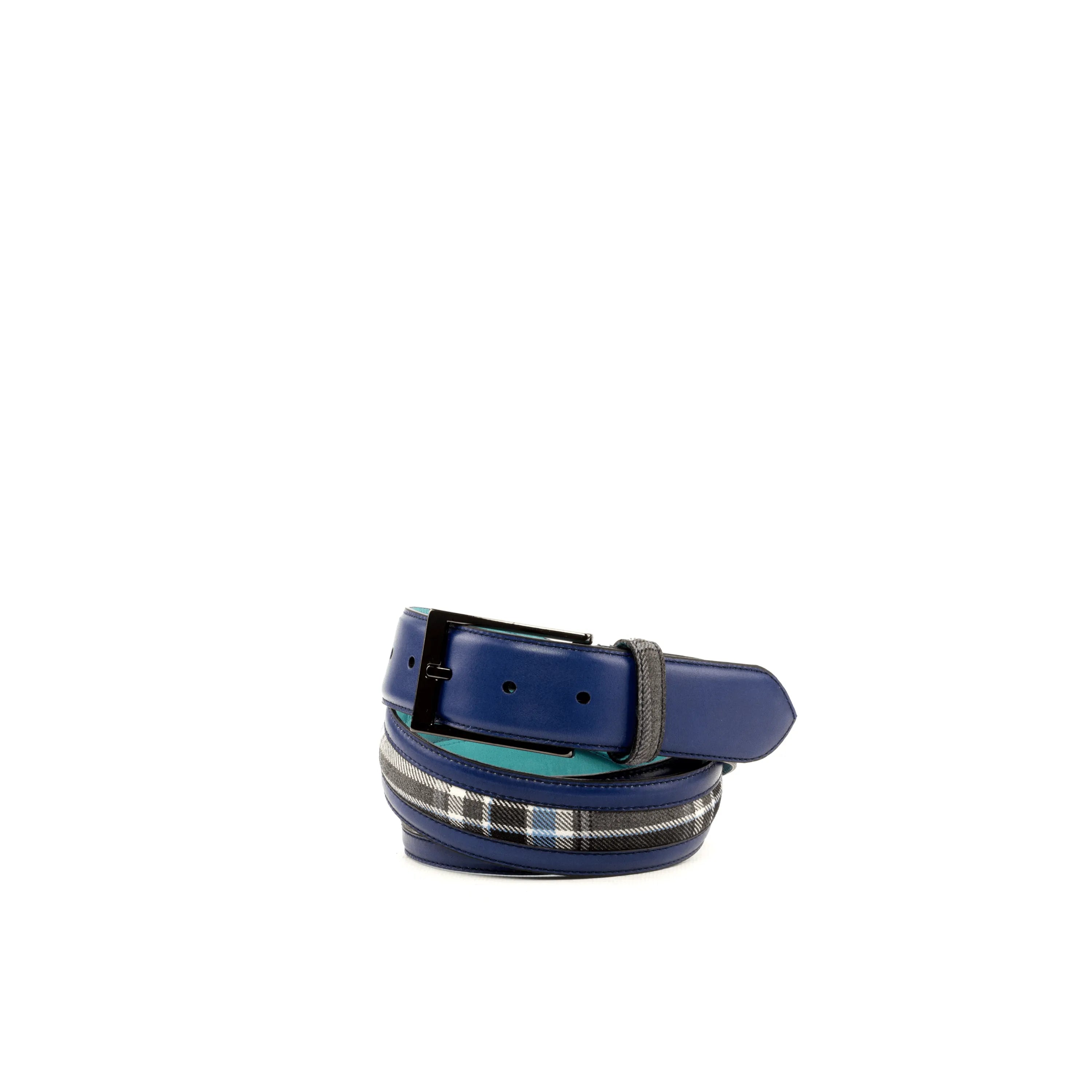 Rolled blue leather Venice Belt with plaid accent from Sextus Venice Belt II collection