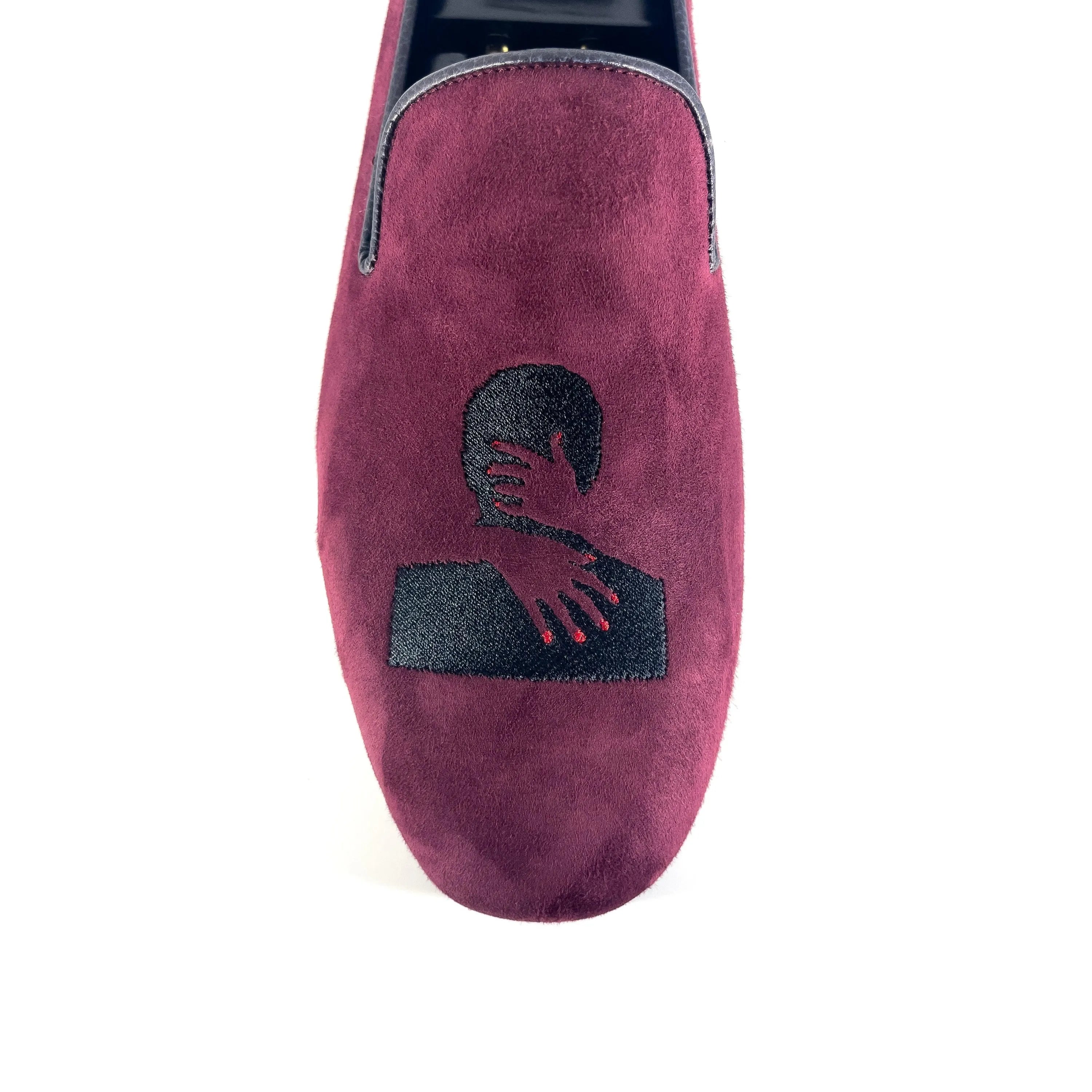 Burgundy suede loafer with black graphic, featuring Shesthe1 Wellington Slipon design