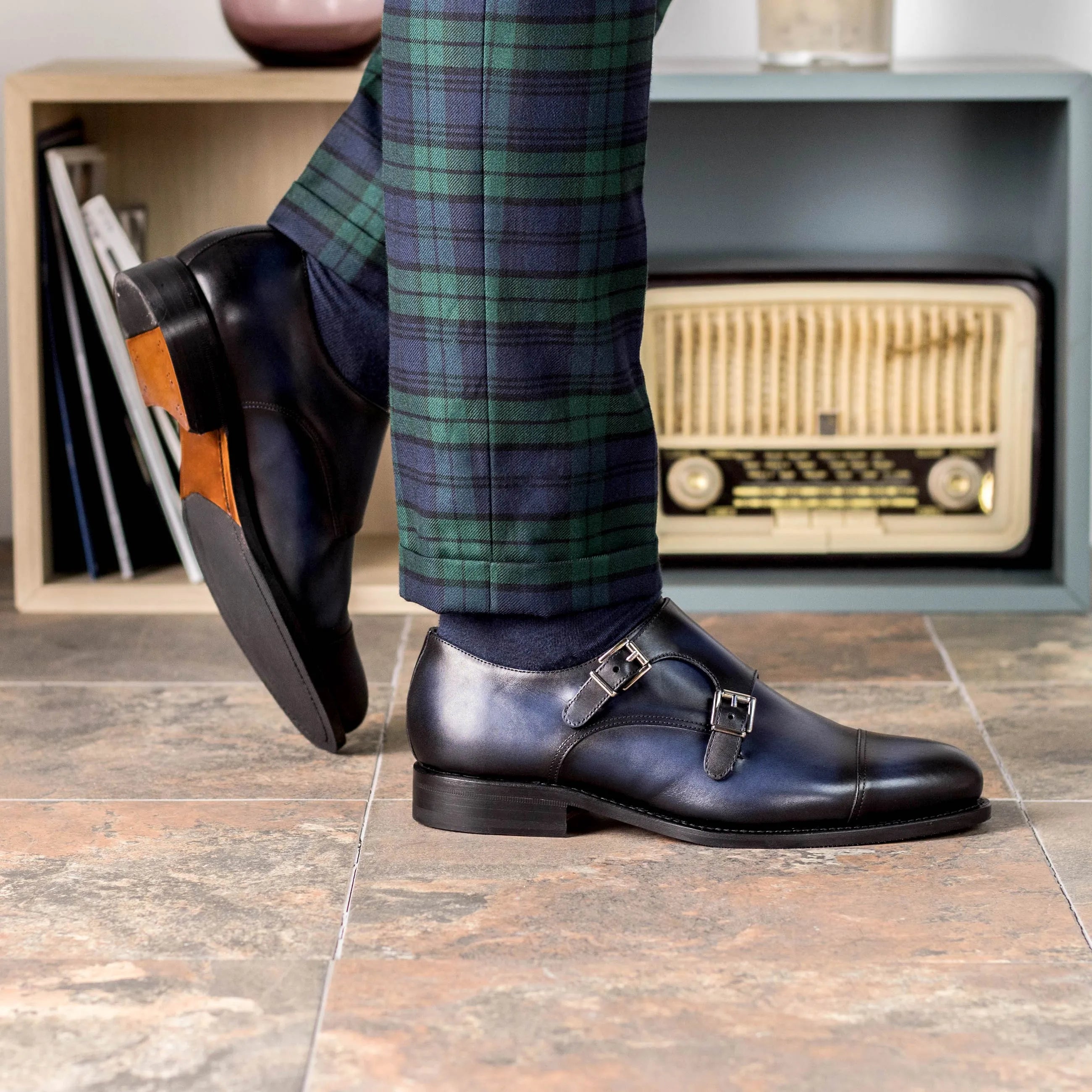 Blue leather Silos Double Monk strap shoes for a sophisticated fast lane style