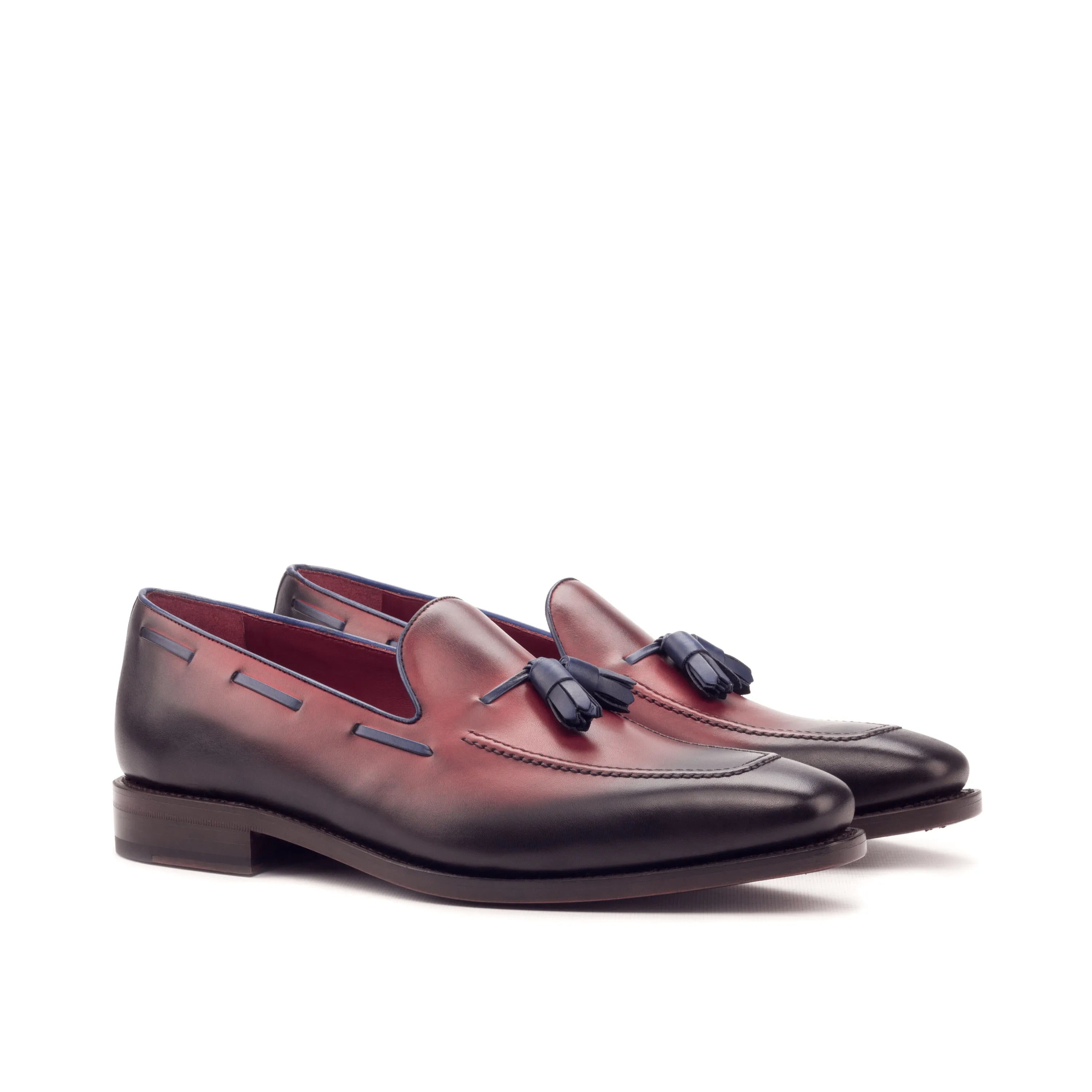 Burgundy and black leather tassel loafers from Silwauski Loafers, luxury bespoke shoes for men