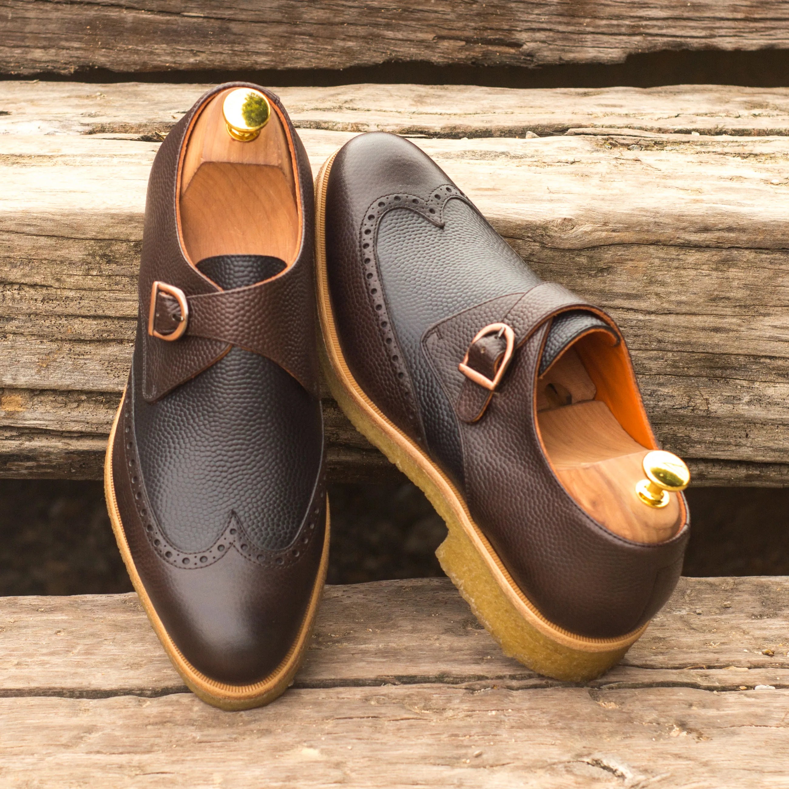 Two-tone brown leather Sioux Single Monk Shoes with pebble grain texture