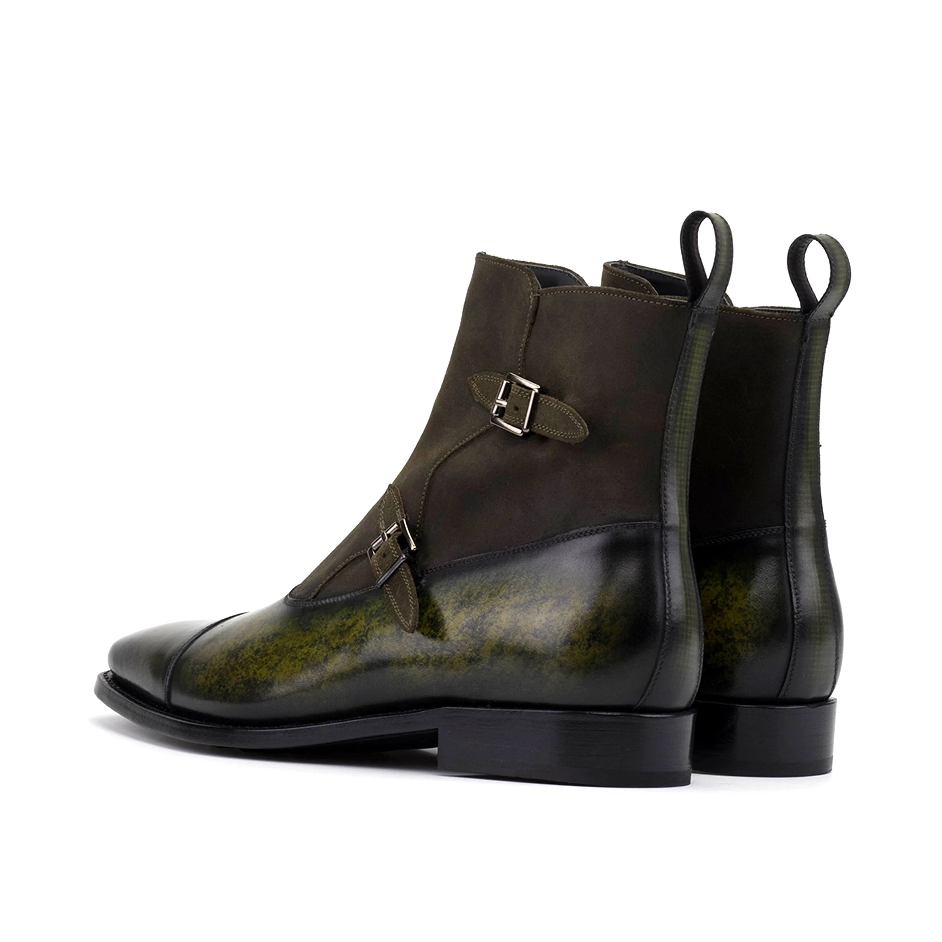 Dark Smyrna Octavian Patina Boots II in glossy green waxed suede with buckles
