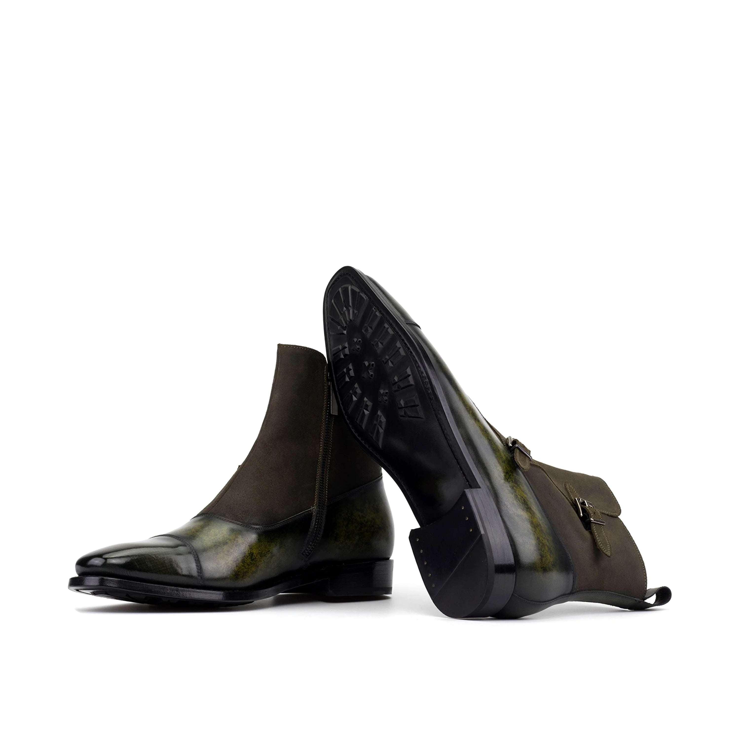 Smyrna Octavian Patina Boots in dark olive green waxed suede with glossy finish