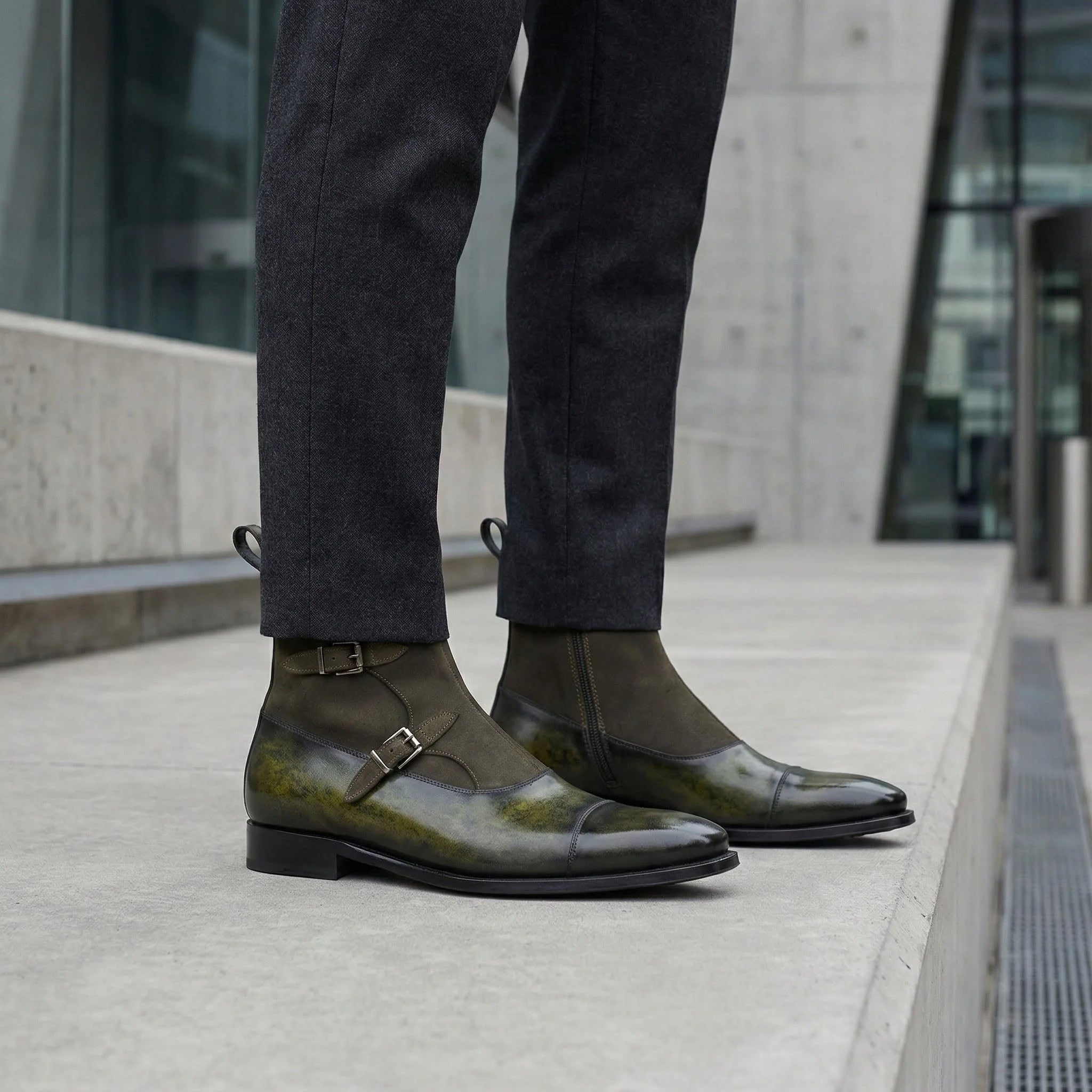 Smyrna Octavian Patina olive green leather double monk strap boots