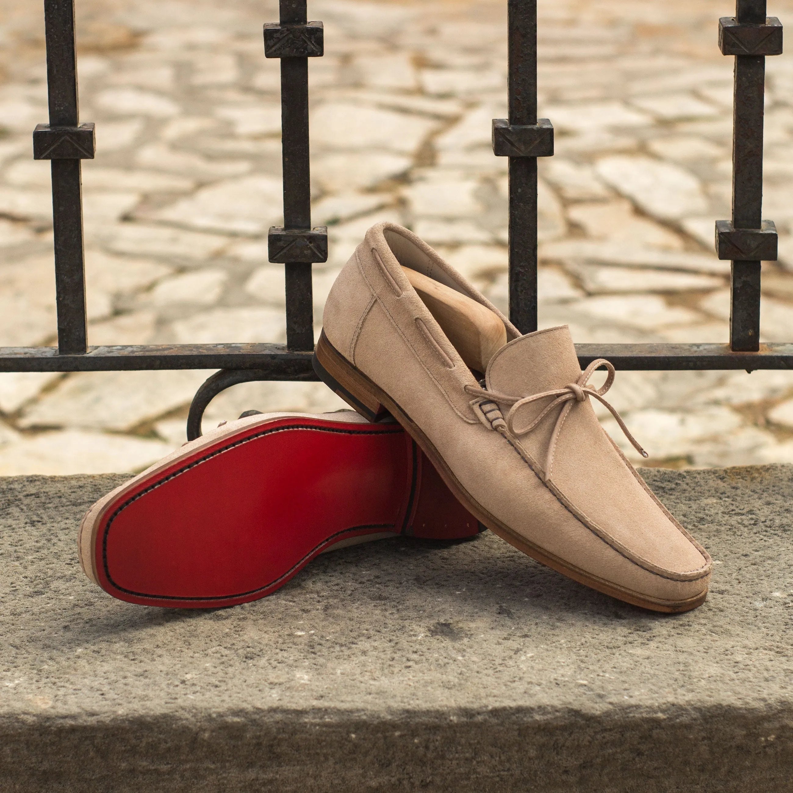 Beige suede Soleil Moccasin II loafers with red soles, perfect luxury bespoke shoes for men