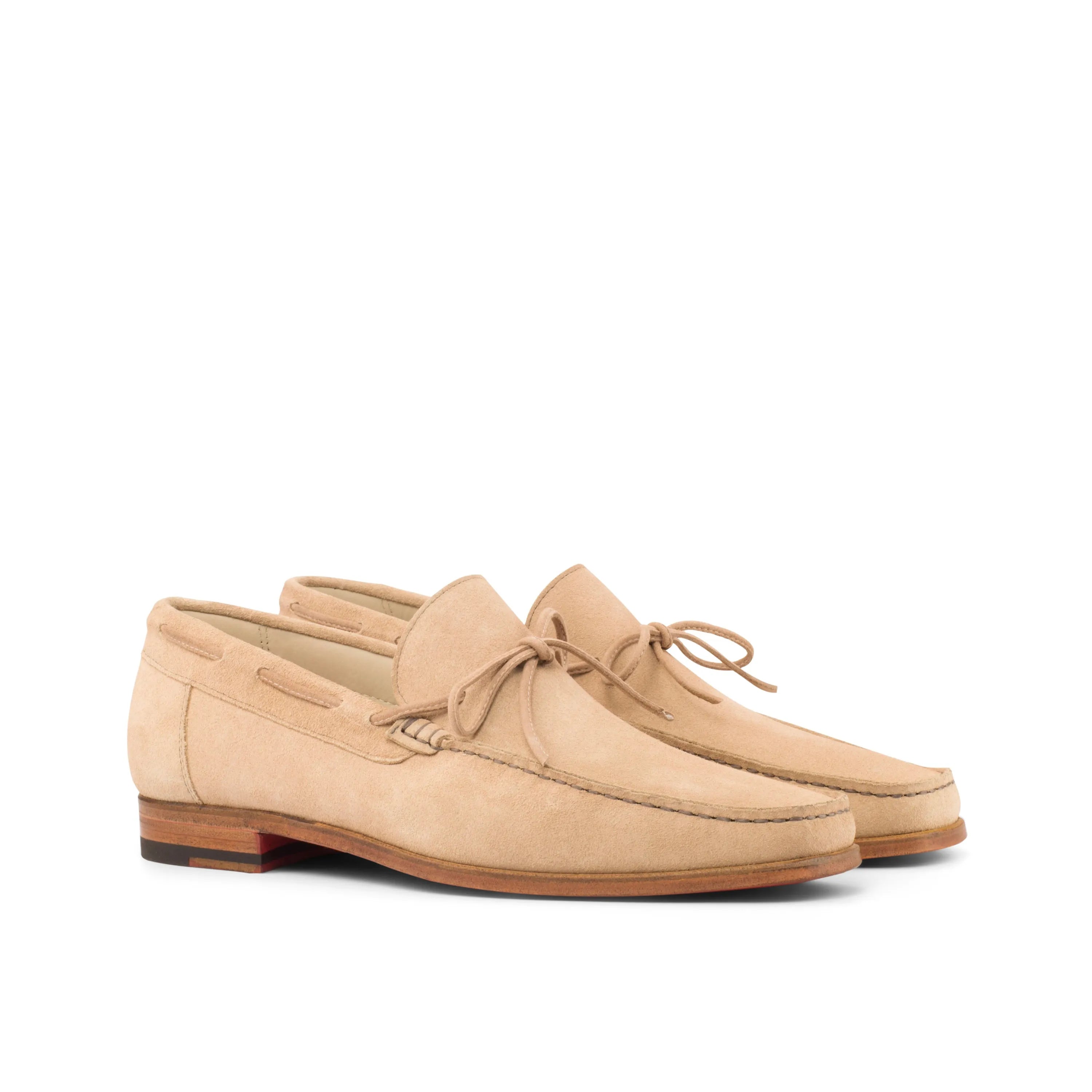 Beige suede leather loafers from the Soleil Moccasin, luxury bespoke shoes for men