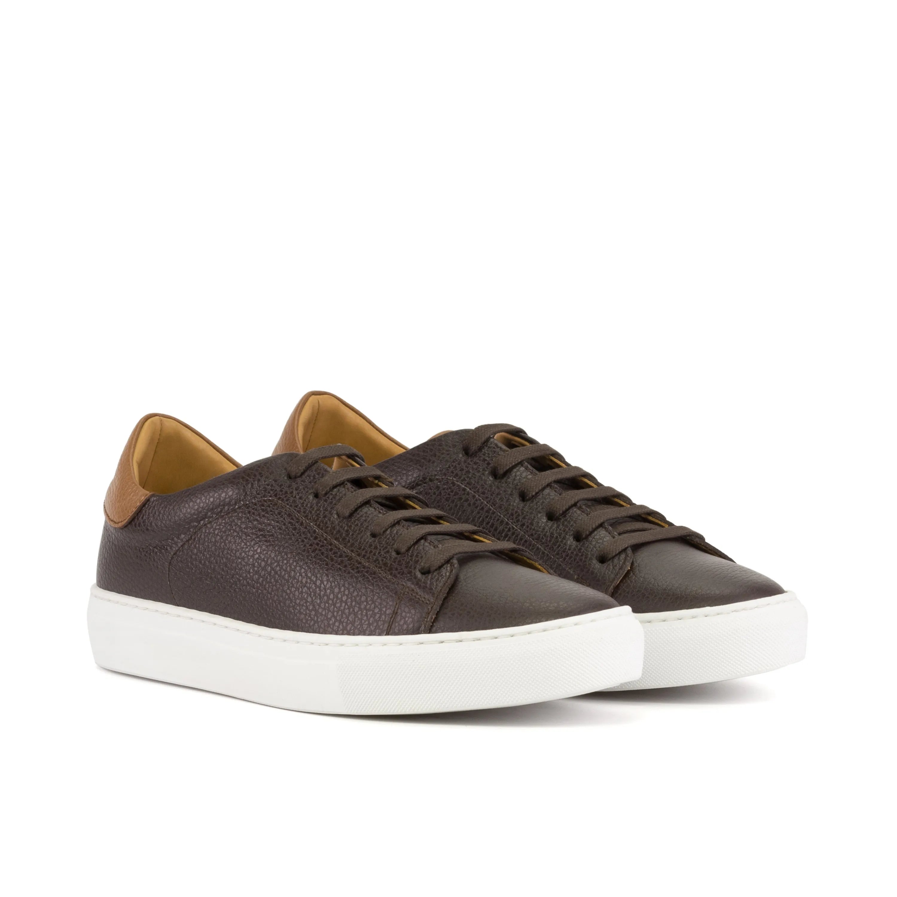 Brown leather Soleil Trainer Sneaker featuring white soles and Italian calf leather