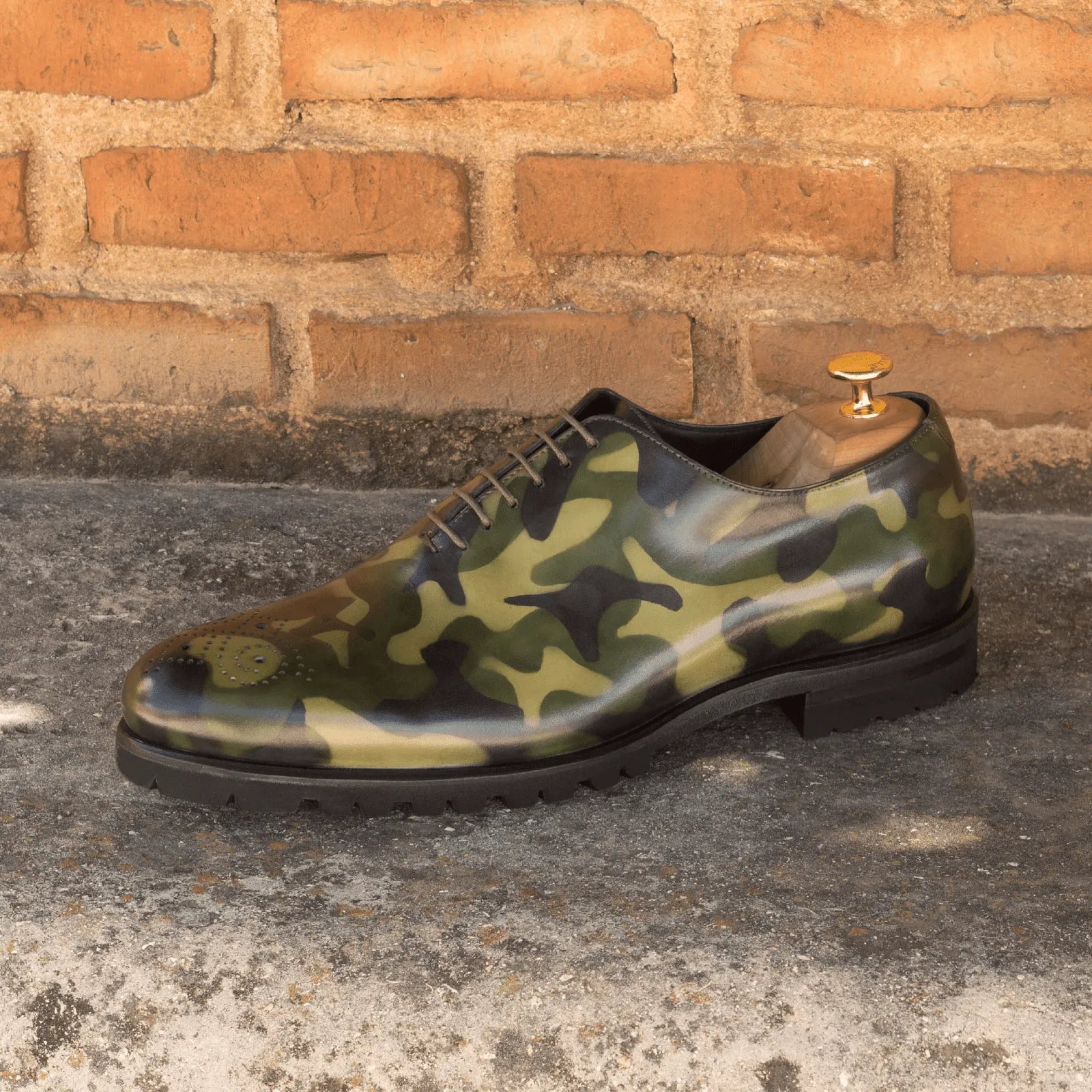 Camouflage leather dress shoe in Spartacus Whole Cut Patina design, perfect for style