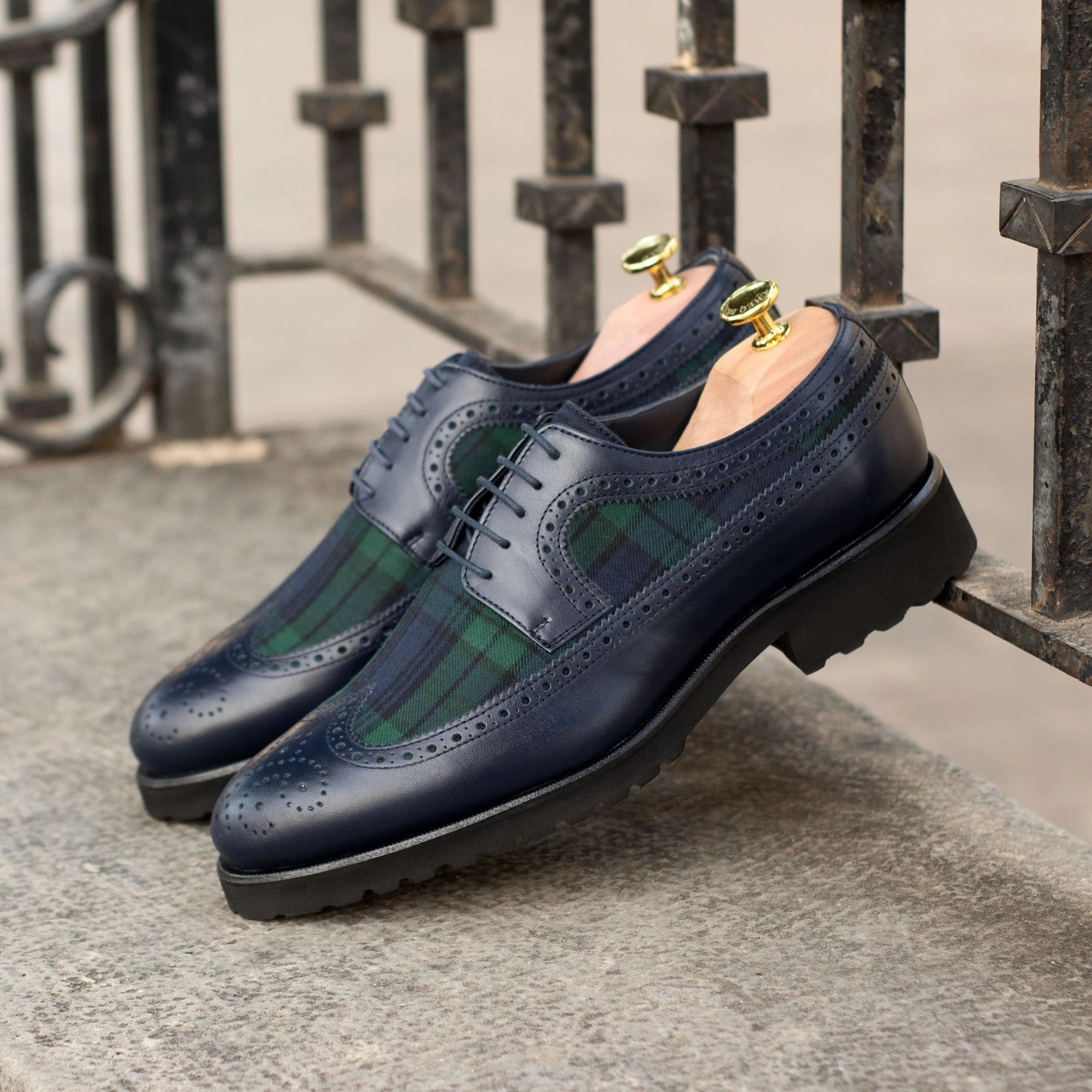 Blue leather and plaid longwing blucher shoes from the SS14 Longwing Blucher collection