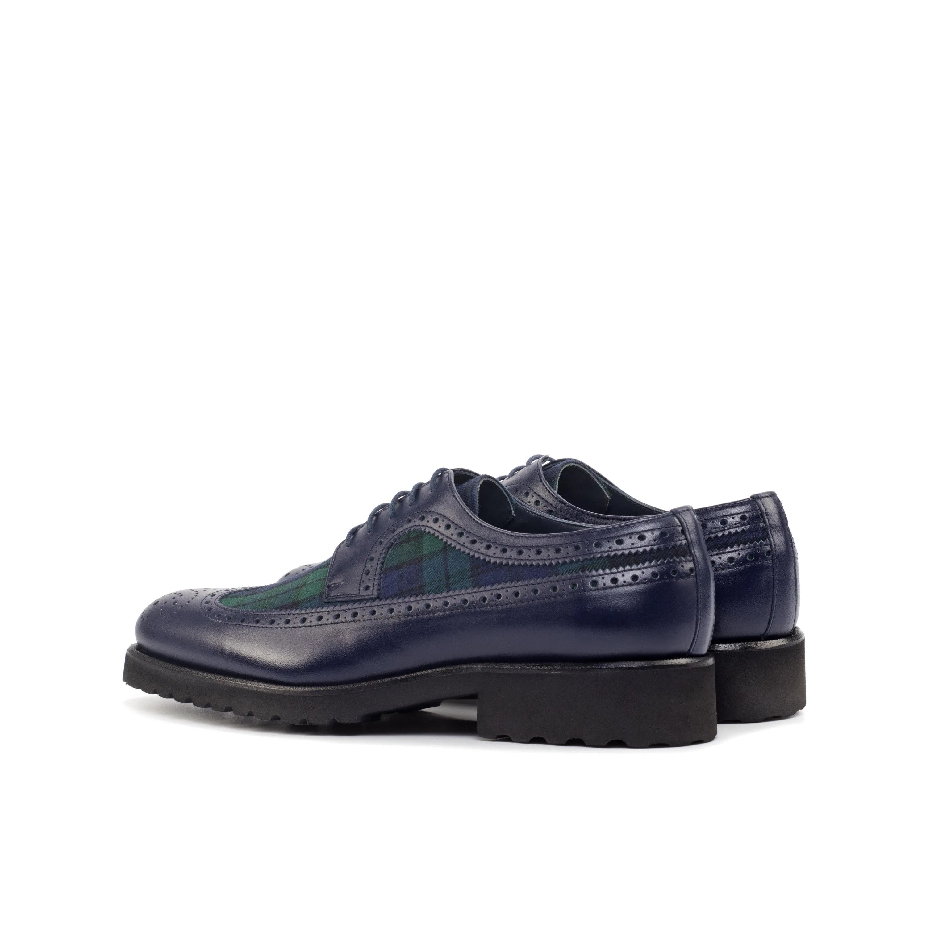 Blue leather and tartan Longwing Blucher shoes showcasing the SS14 collection