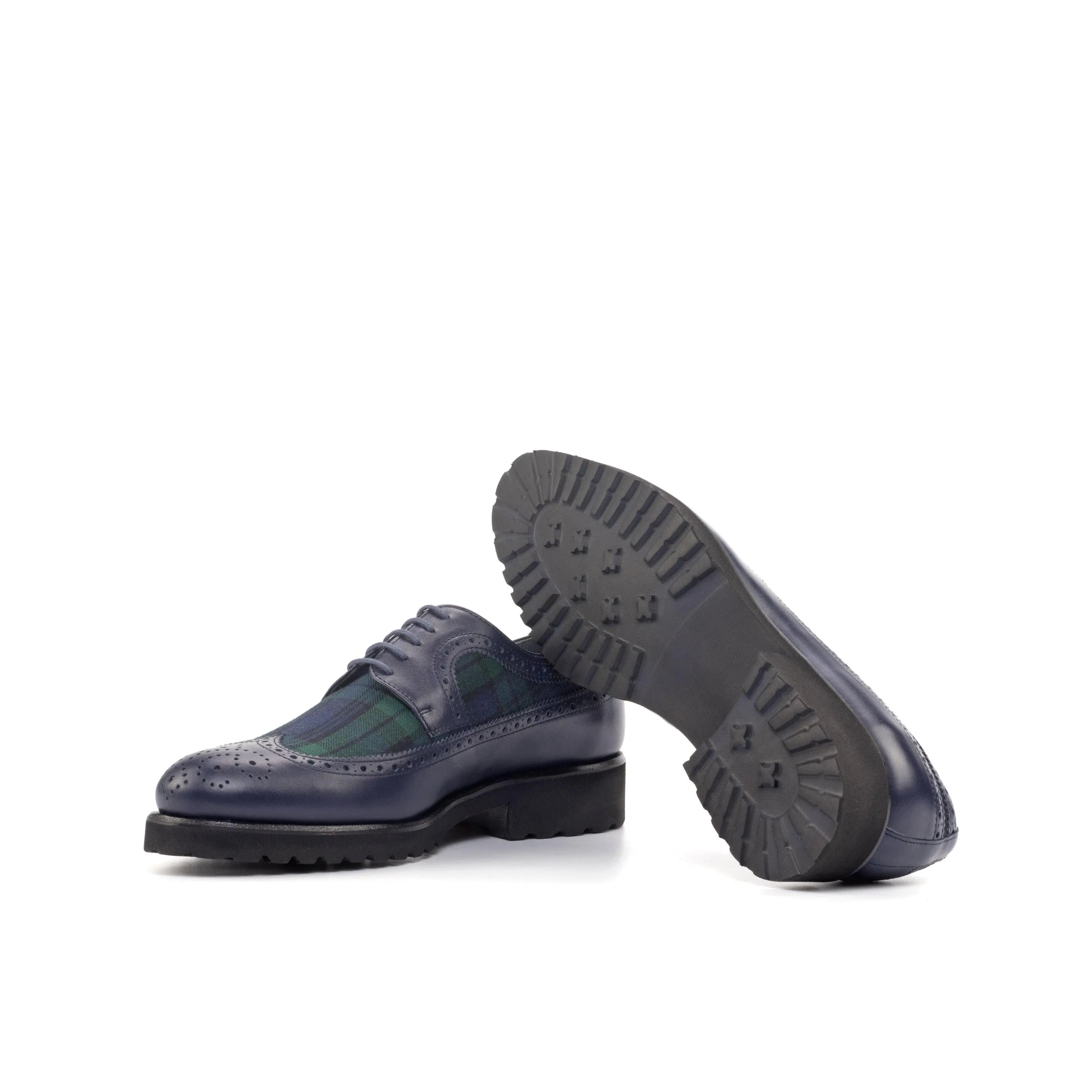 Blue leather and tartan brogue shoes from Ss14 Longwing Blucher collection