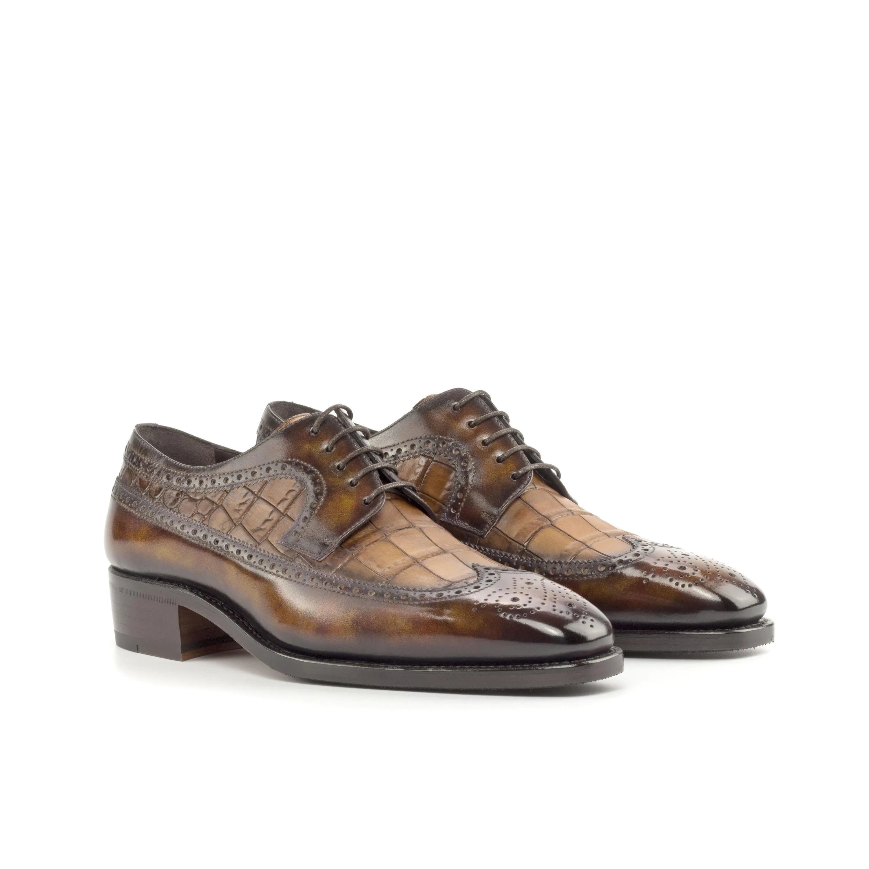 Brown leather wingtip dress shoes, Stanley Patina Longwing Blucher II, elegant footwear