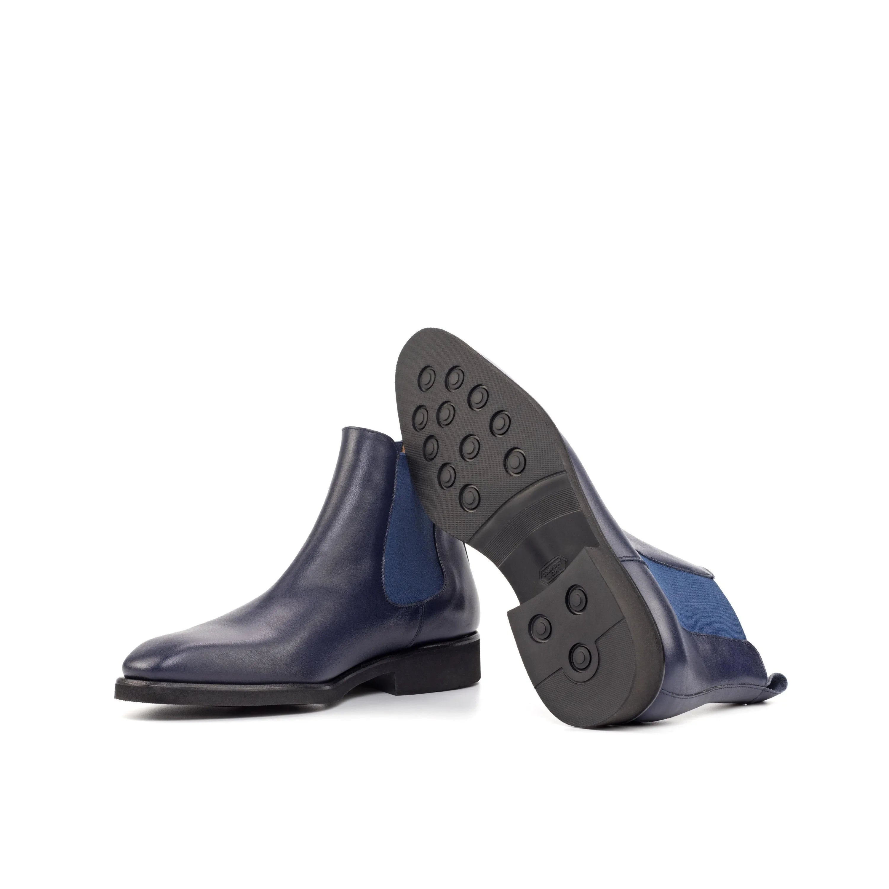 Pair of blue leather Stephano Chelsea Boots showcasing stylish footwear design