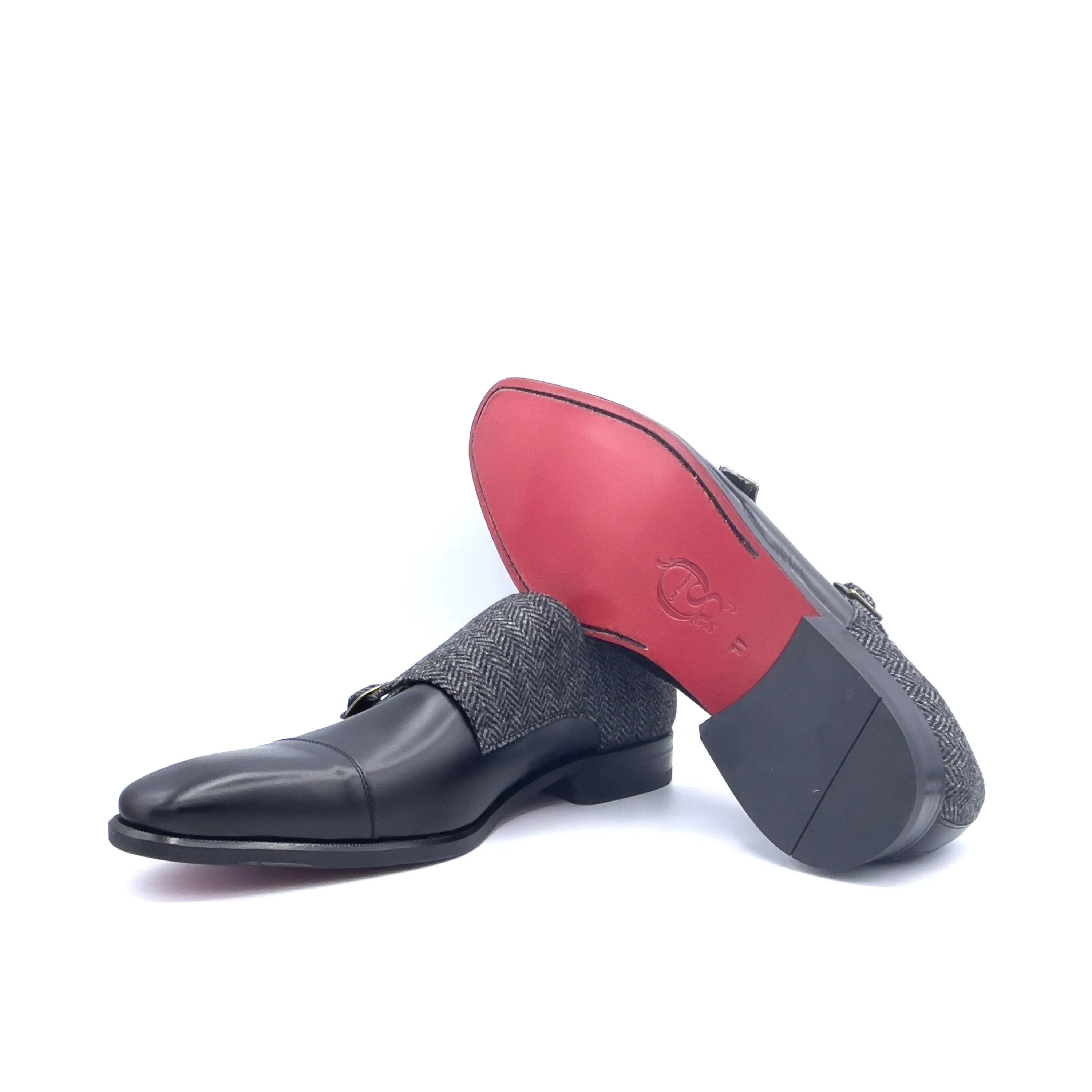 Black leather and herringbone SW20 Double Monk II double monk strap shoes