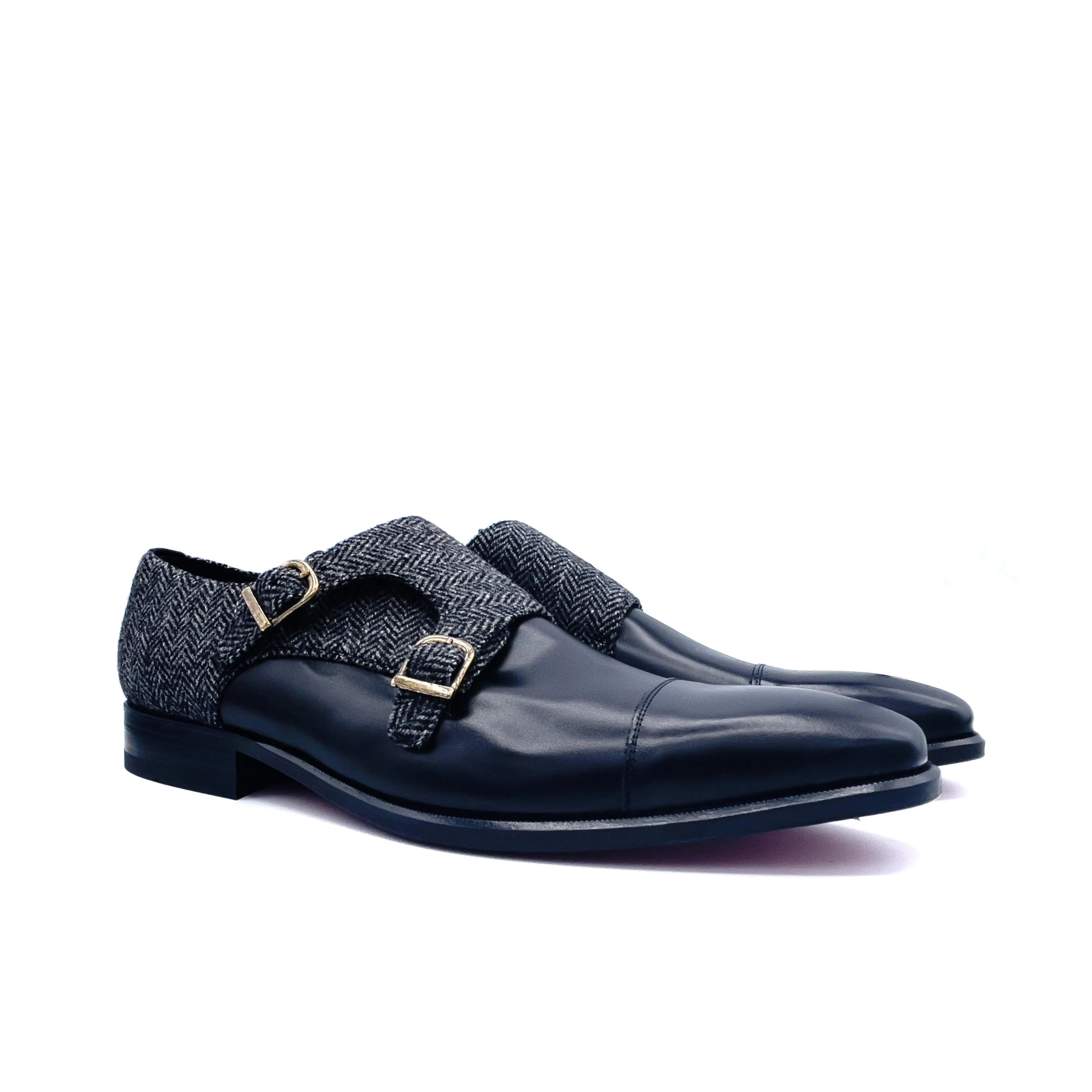 Black leather and tweed double monk strap shoes, SW20 Double Monk II design