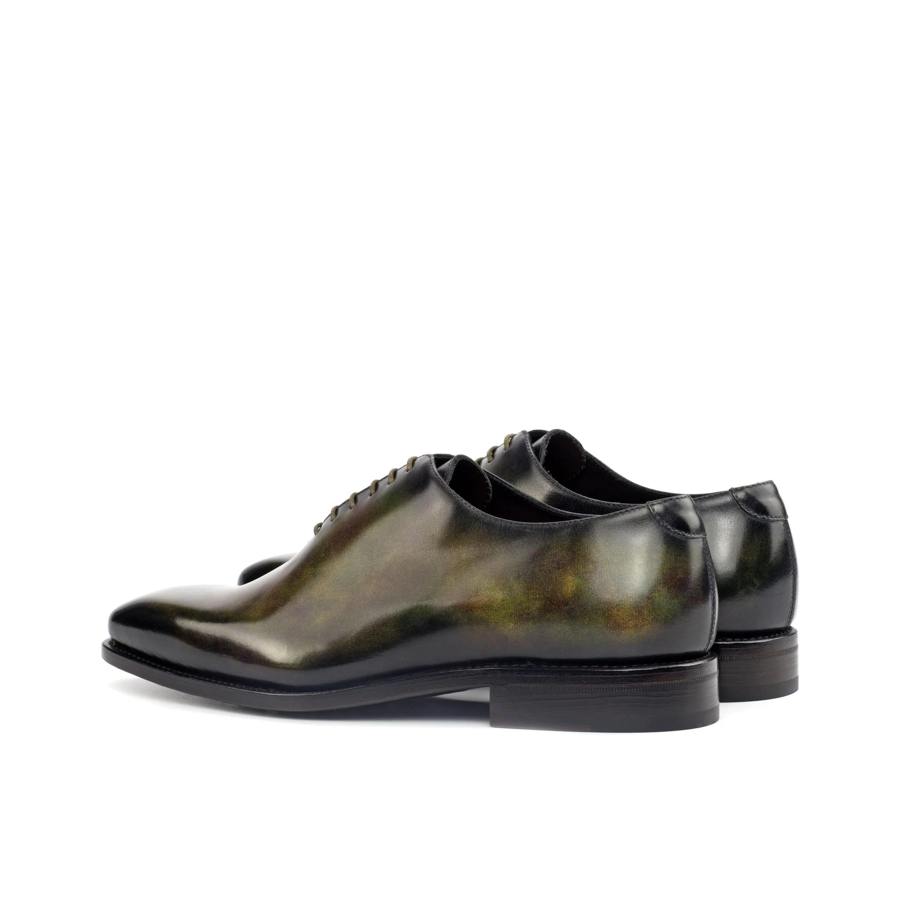 Pair of green leather dress shoes, T5 Whole Cut Patina II, luxury bespoke shoes for men