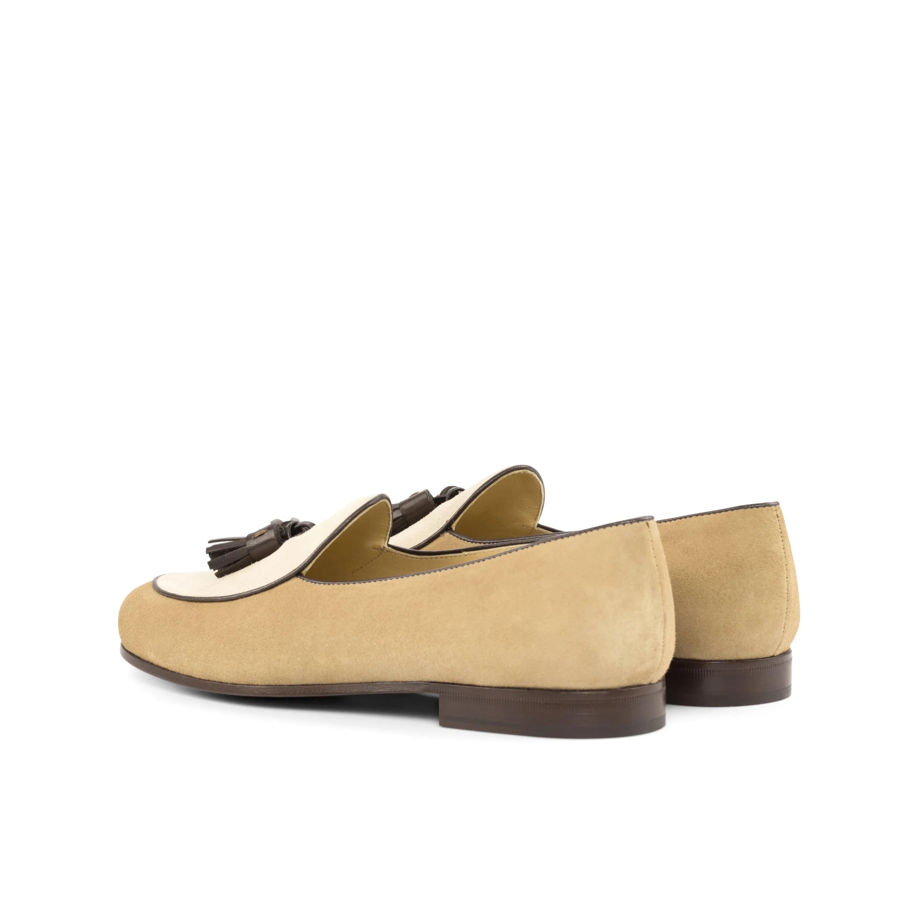 Tan suede tassel loafers featured in Teatro Belgian Slipper collection
