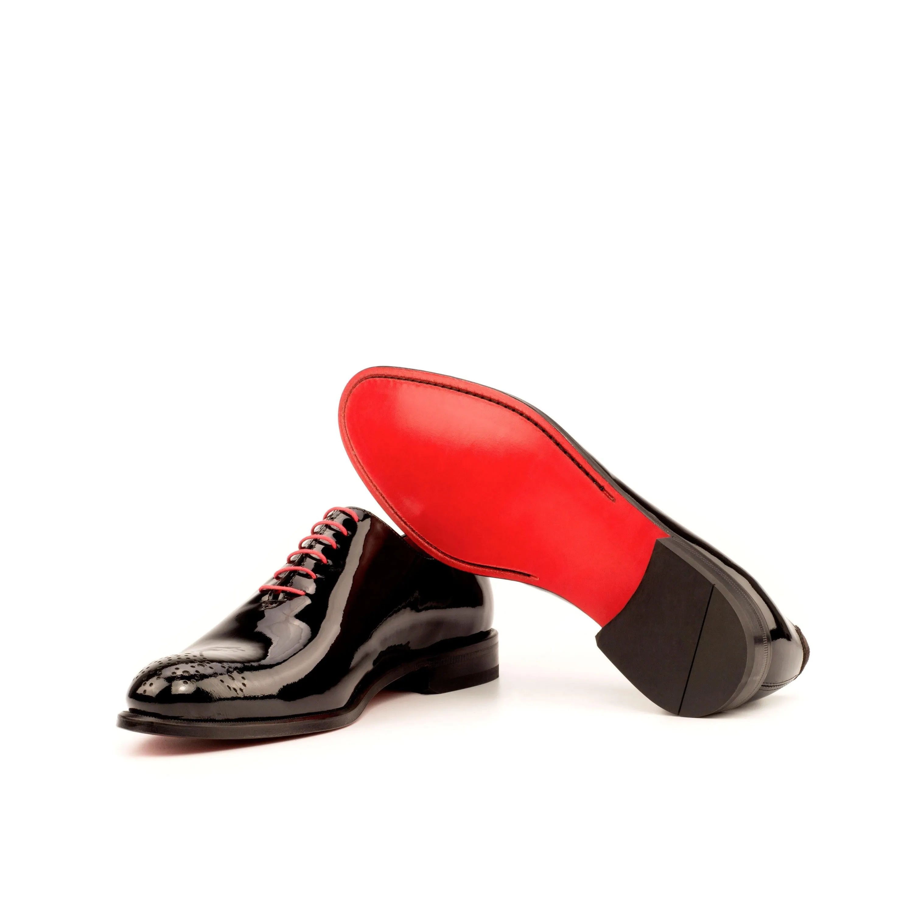 Shiny black Tetawkin Whole Cut Shoes II for men with red soles and rounded toe design