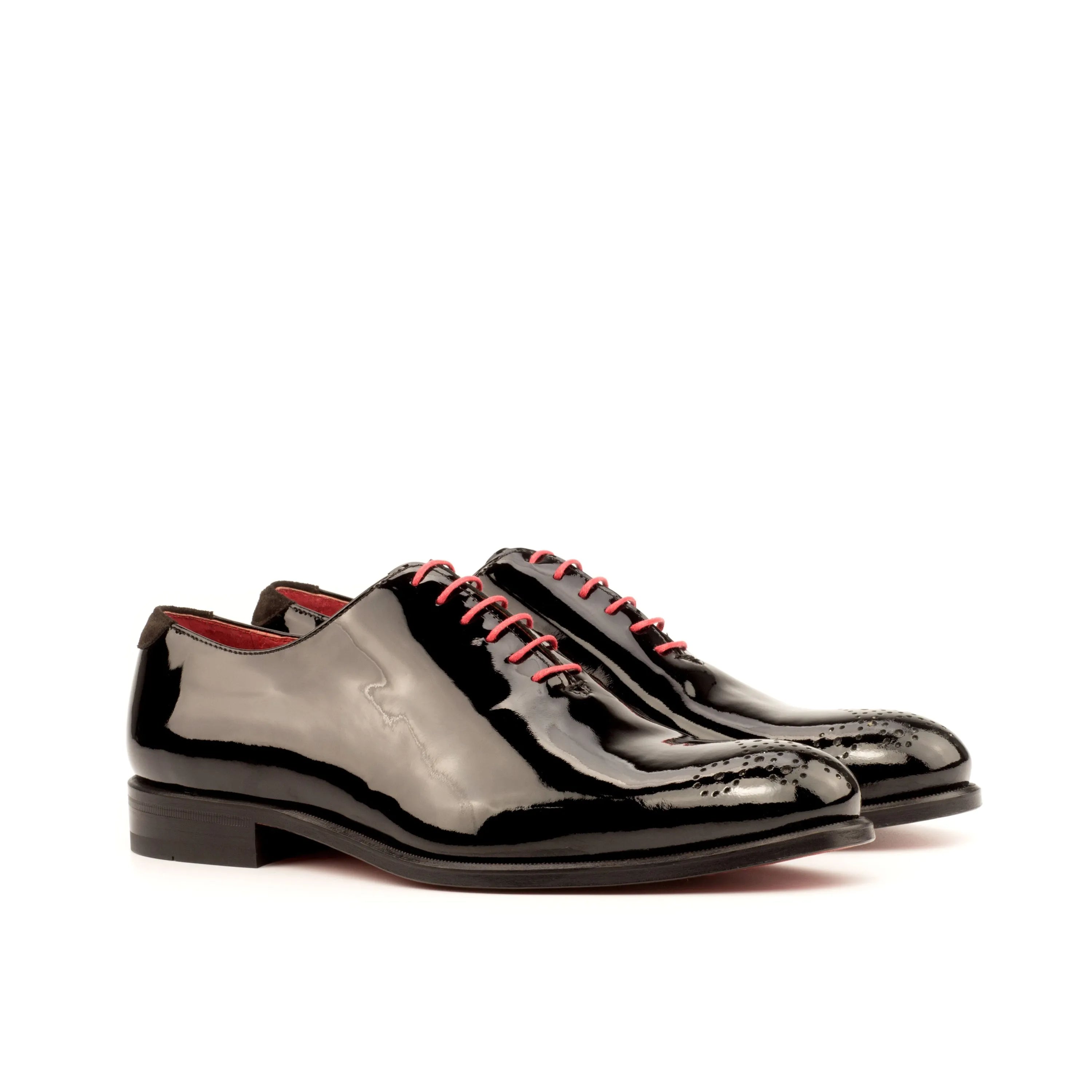 Shiny black Tetawkin Whole Cut Shoes with pink laces, luxury bespoke shoes for men
