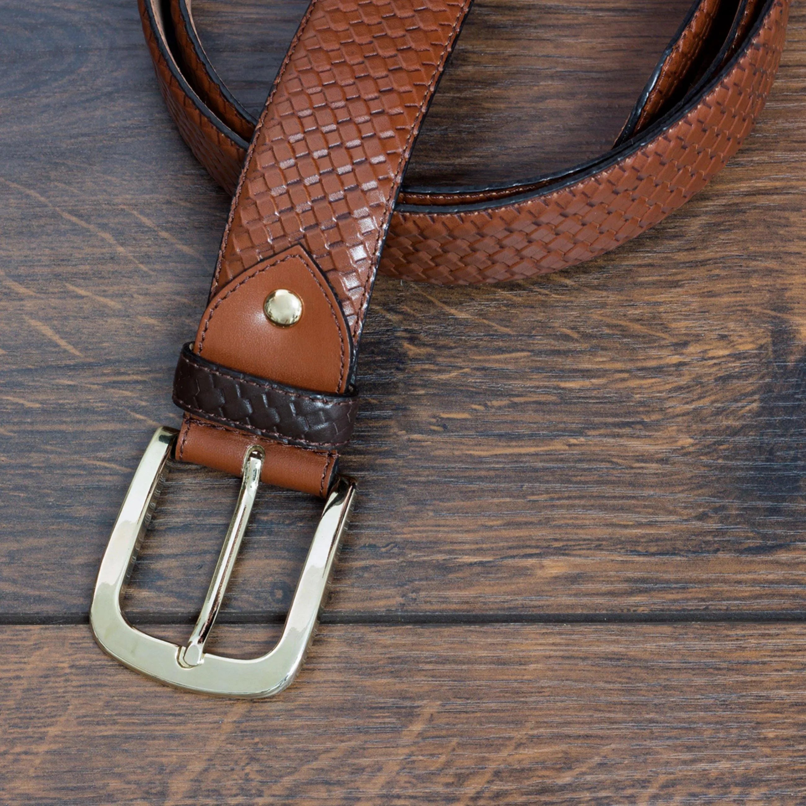 Brown woven leather Textured Hampton Belt featuring a stylish gold buckle