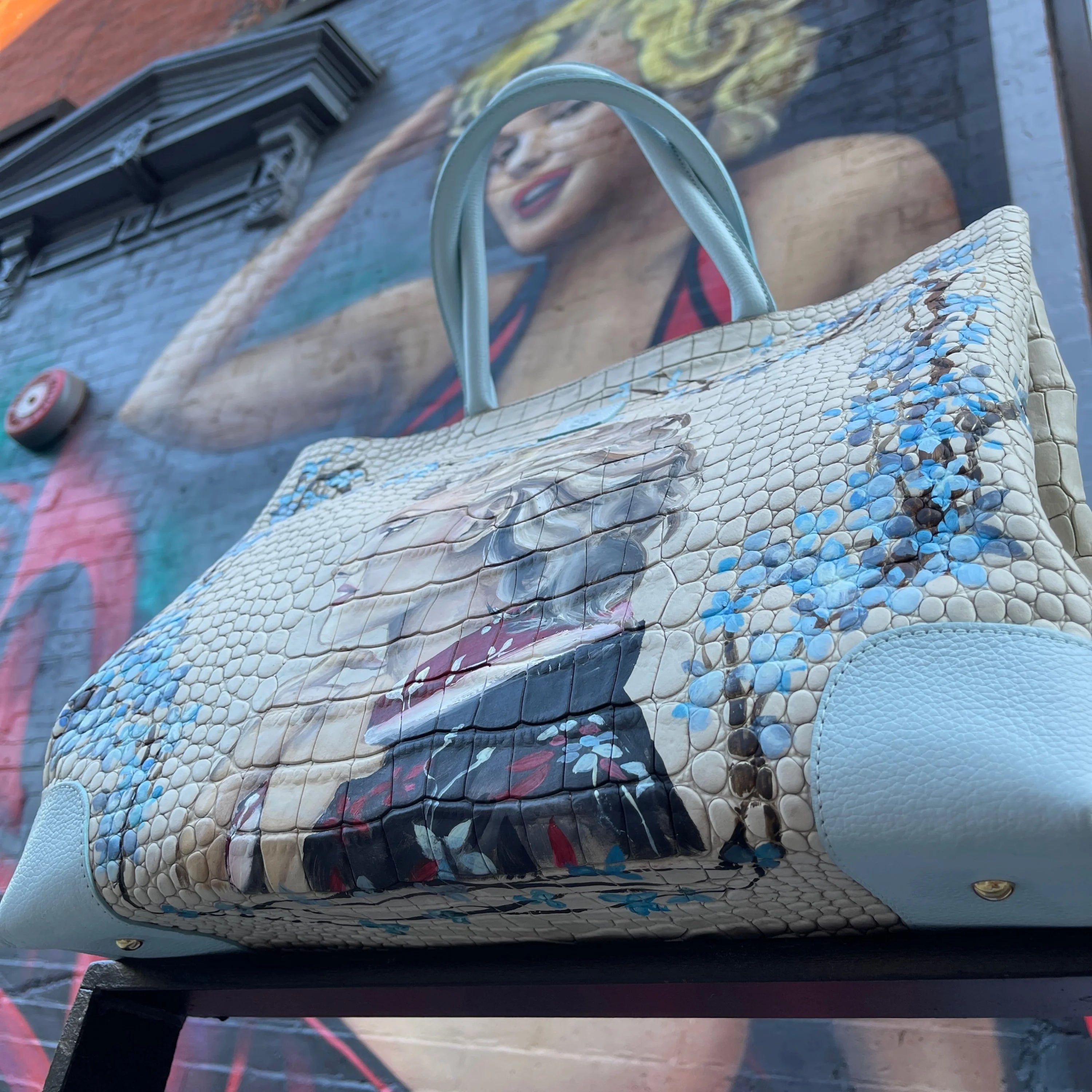 Crocodile-patterned Italian leather Marilyn Weekender Bag with blue floral accents