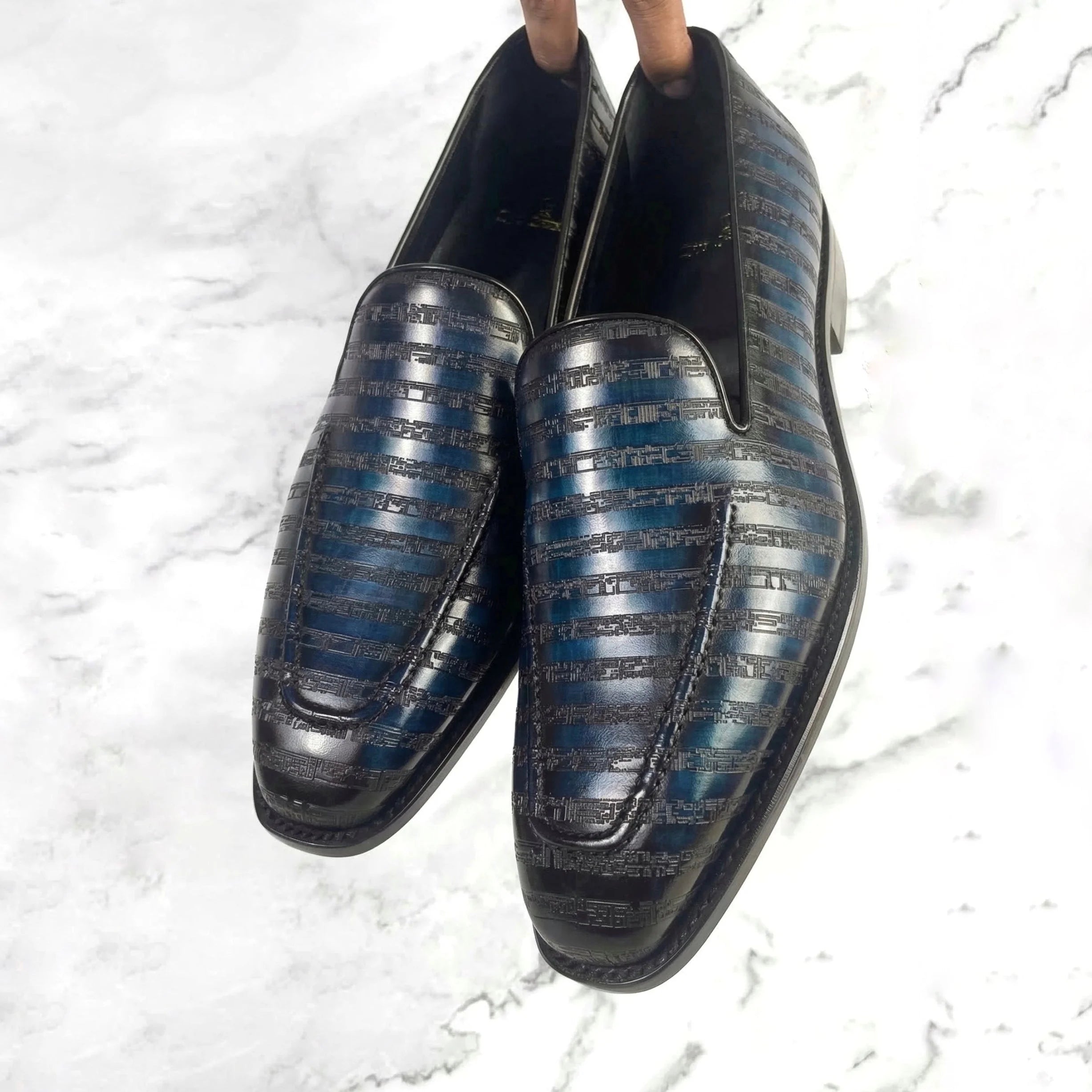Dark blue Poet VIII Patina loafers with textured woven leather upper