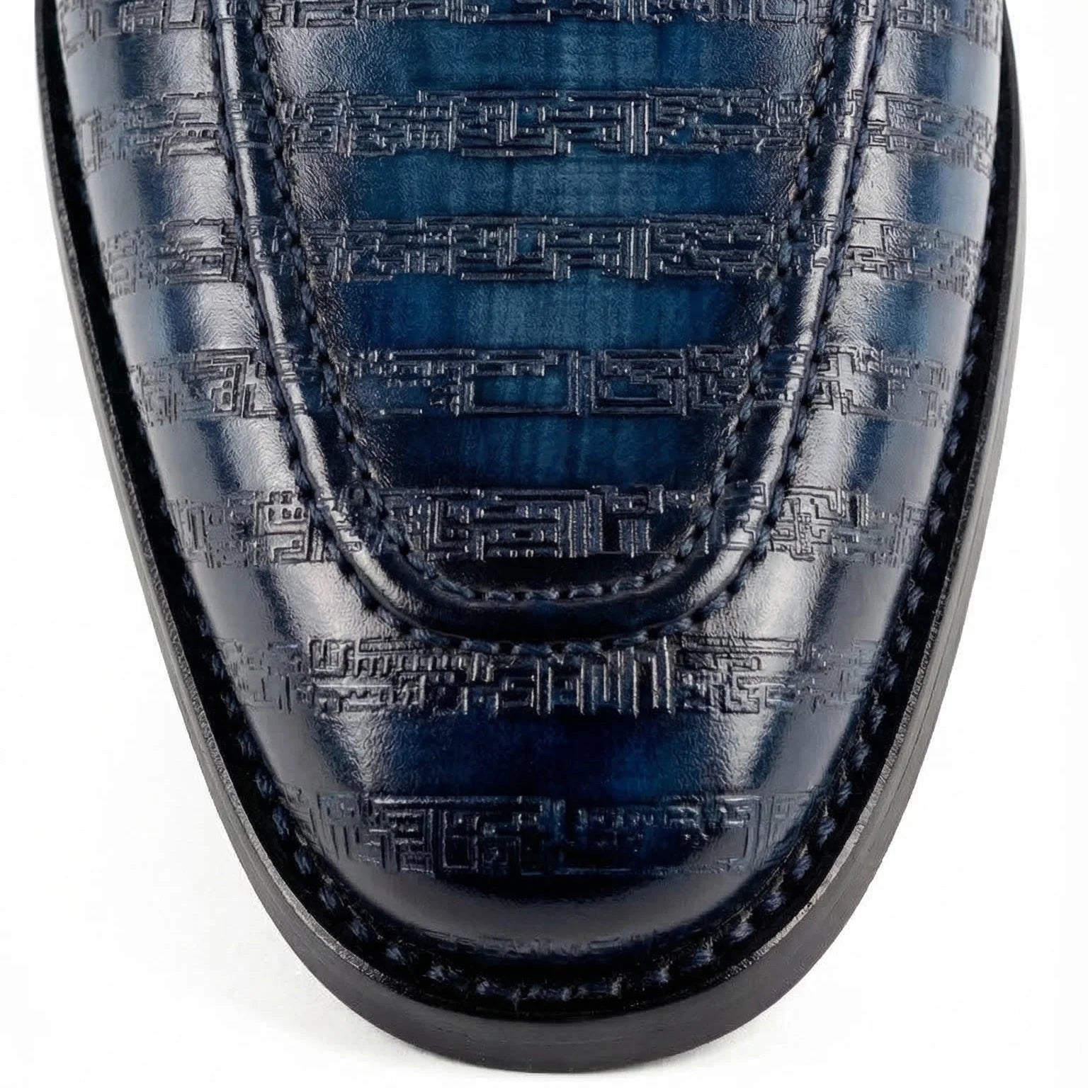 Poet VIII Patina deep blue leather loafer with embossed geometric pattern