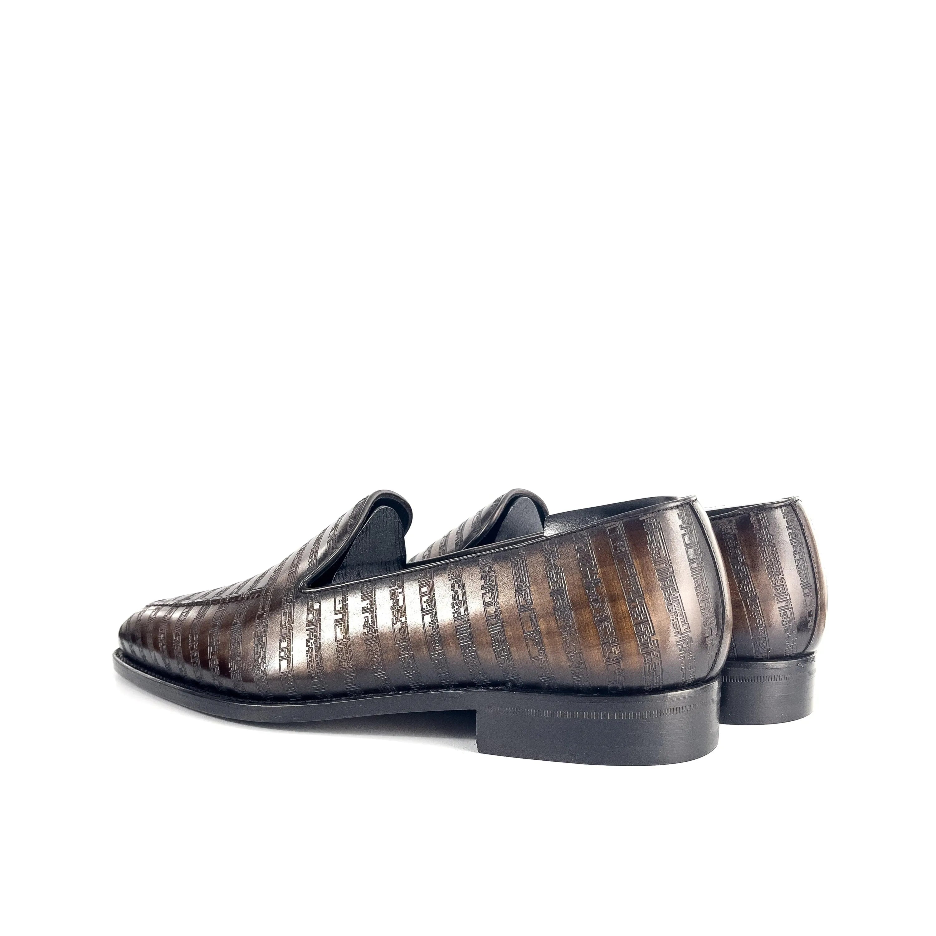 Brown leather patterned loafers, The Poet VIII Patina, showcasing unique leather art sole