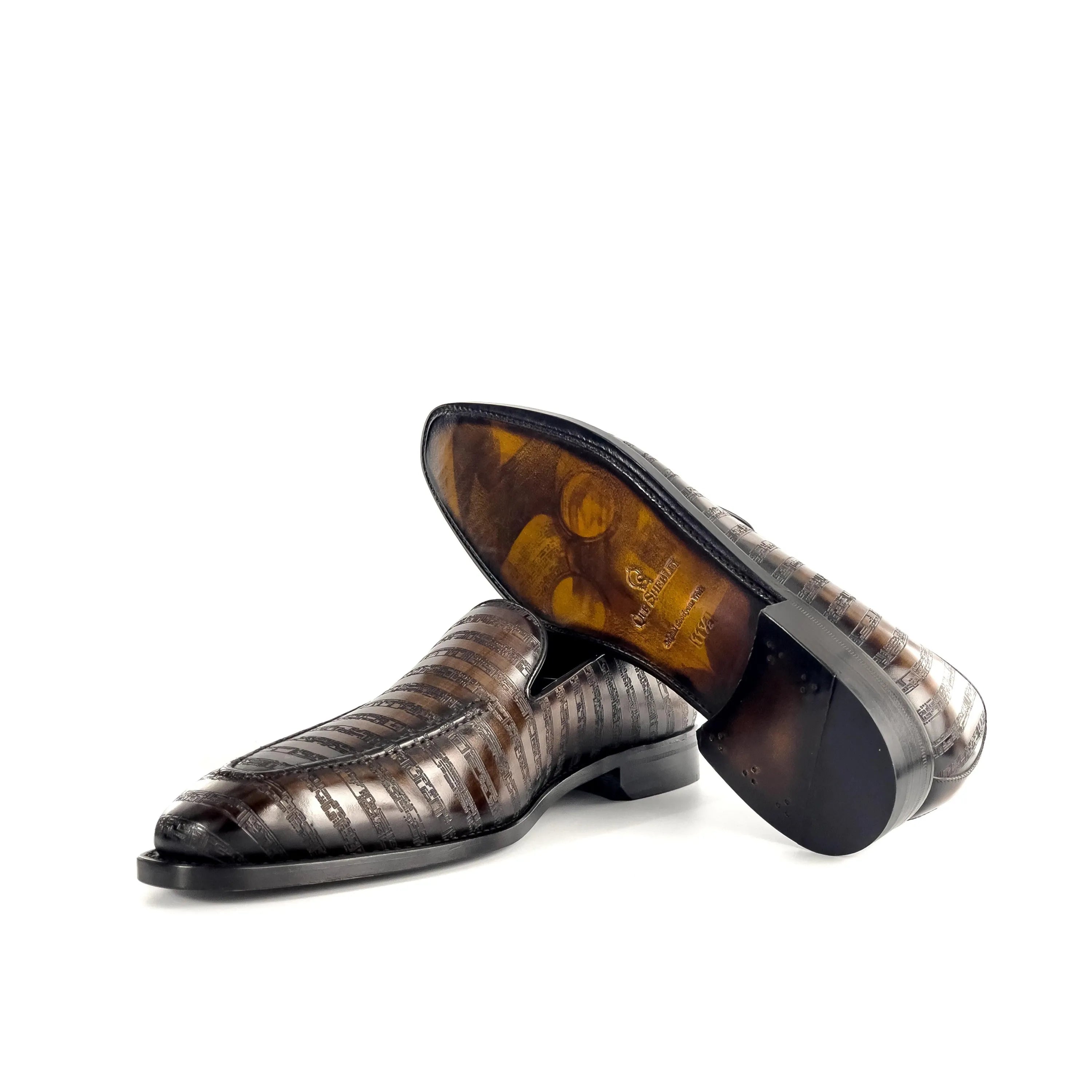 Striped brown leather loafers, The Poet VIII Patina, featuring a leather art sole