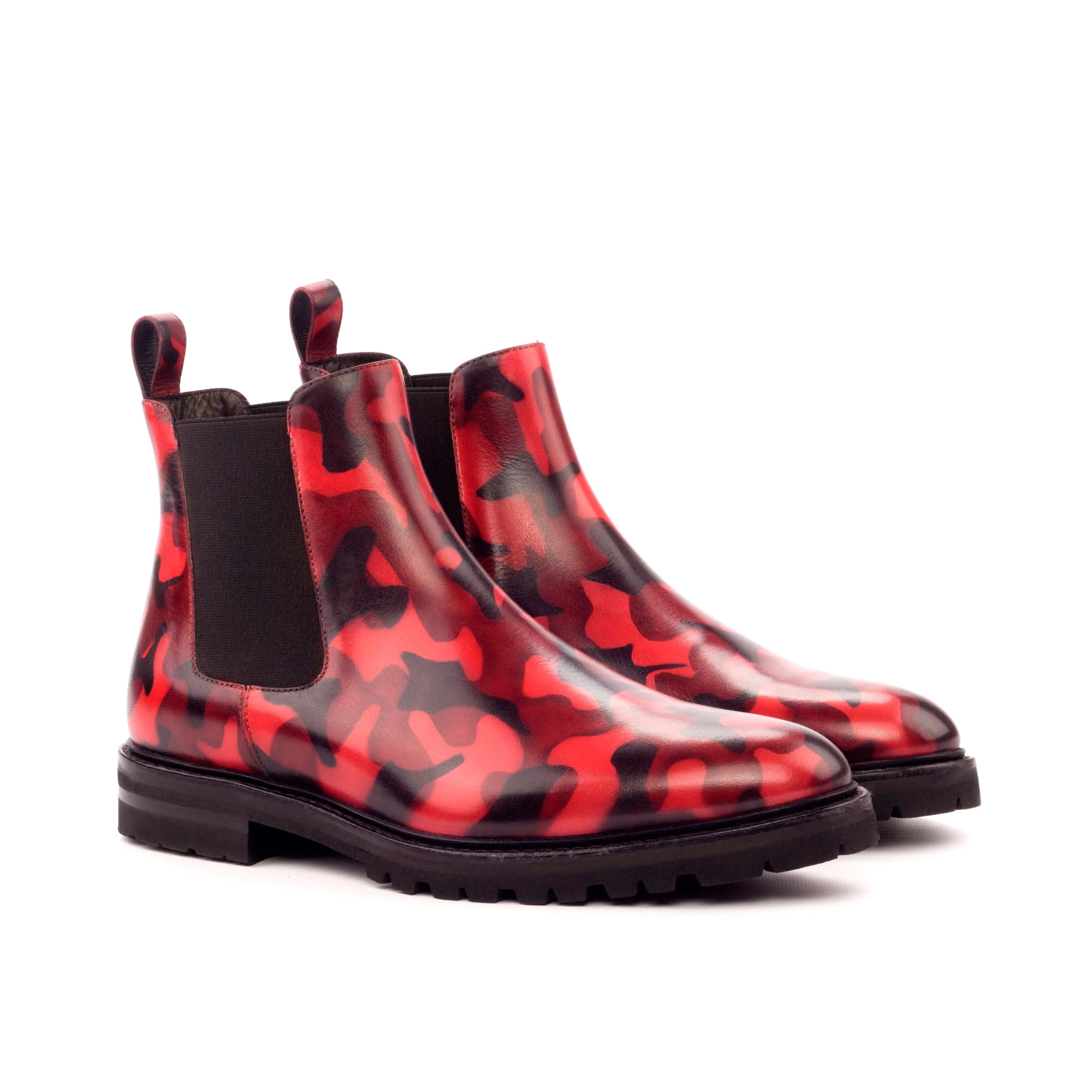 Red and black camouflage Theodora Chelsea Boots II for stylish, comfortable wear