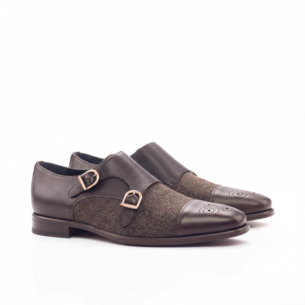 Pair of brown leather Tima Double Monk double monk strap shoes for sophisticated style