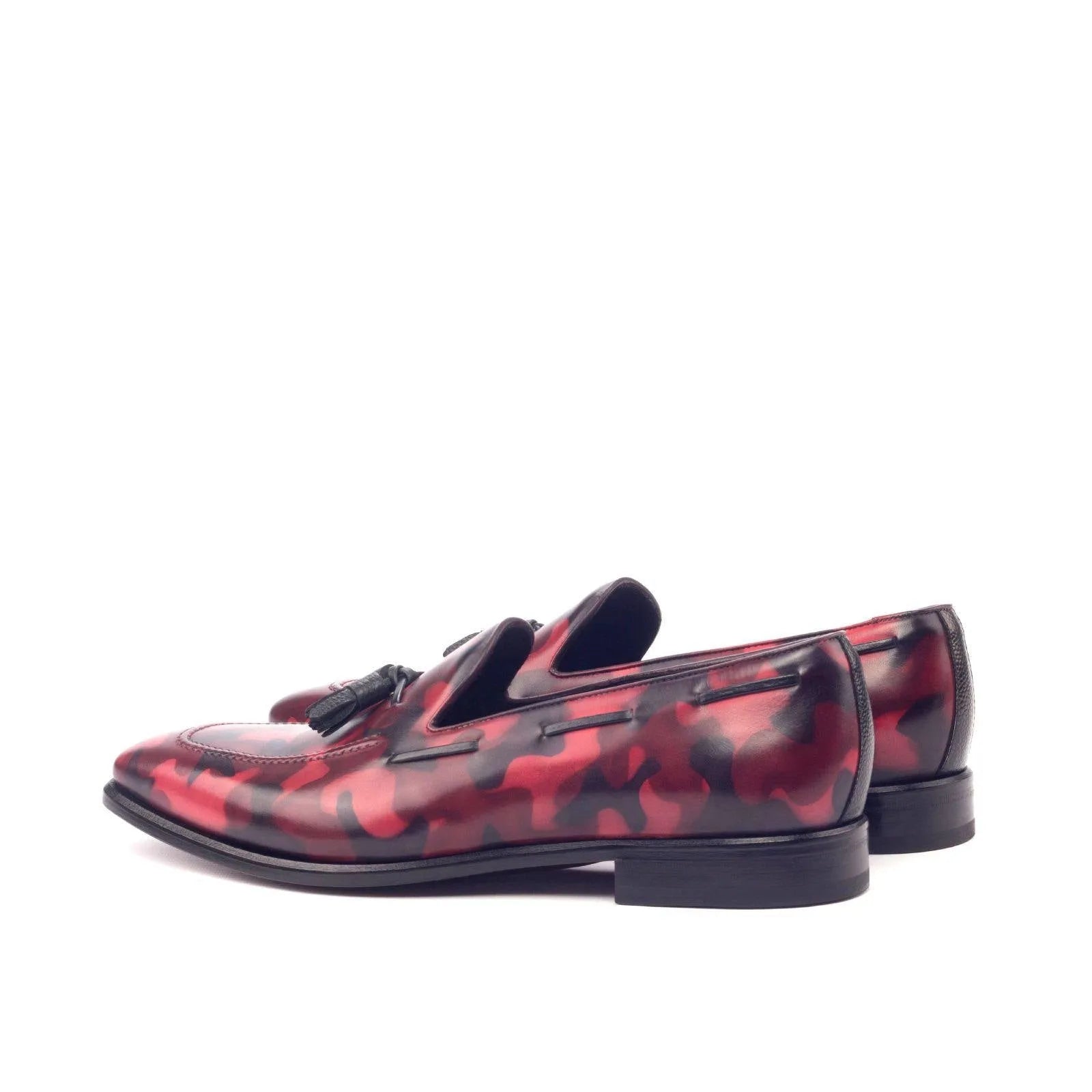 Red and black camouflage Timo Camo Patina Loafers featuring stylish tassel design