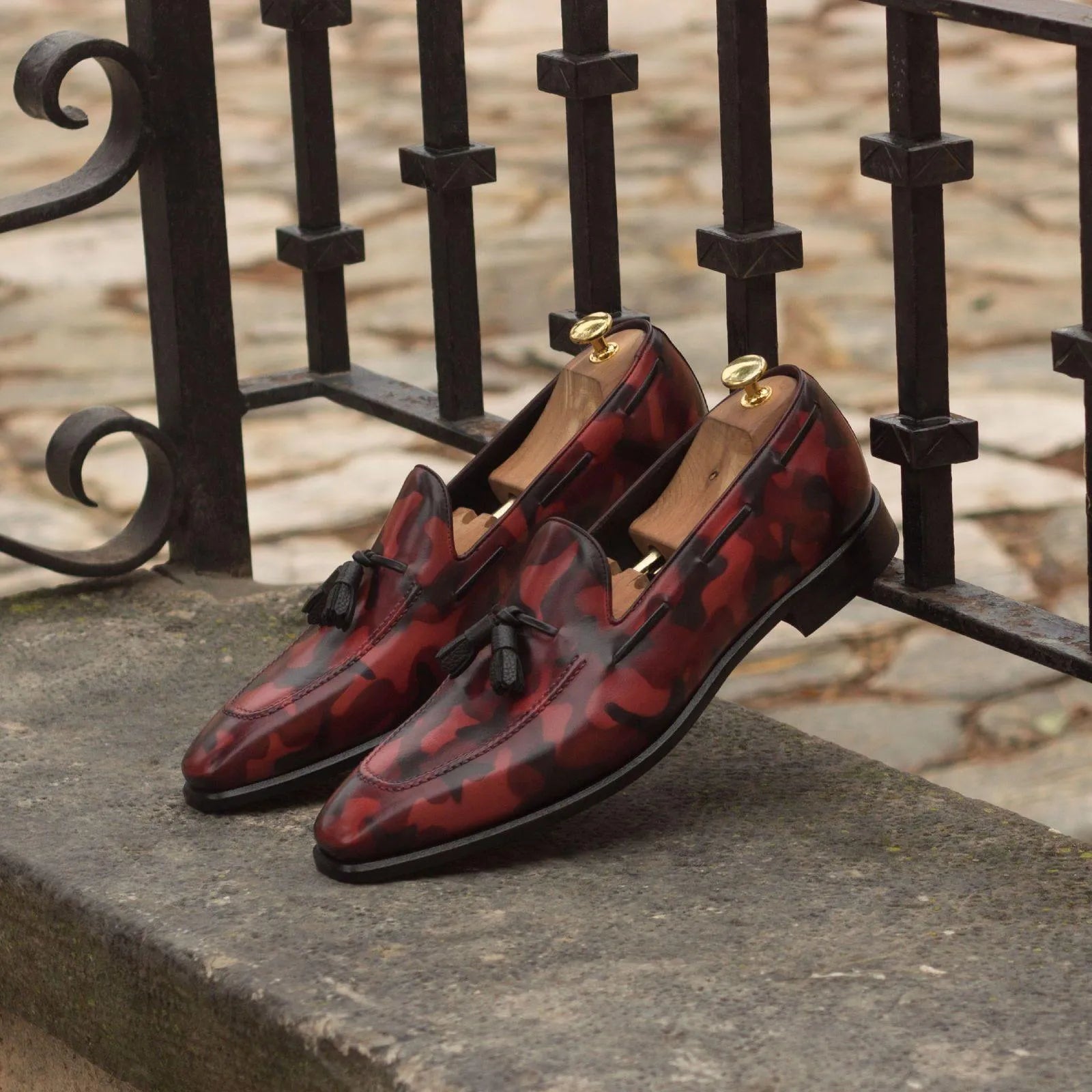 Red and black patterned tassel loafers from Timo Camo Patina collection